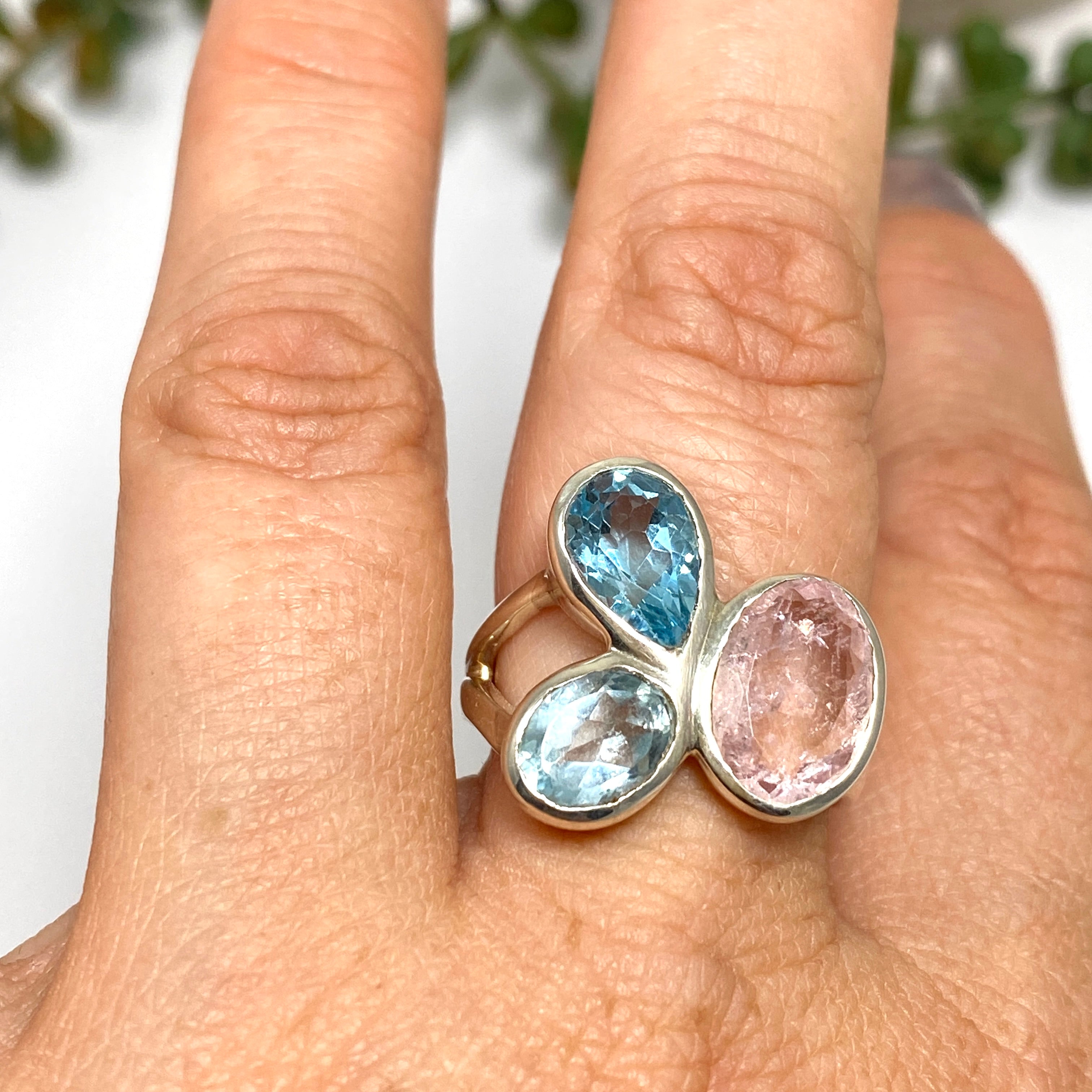Morganite and Blue Topaz Multi-Stone Faceted Ring Size 8 - Elegant Birthstone Jewelry for Women, Perfect for Weddings, Anniversaries & Special Occasions