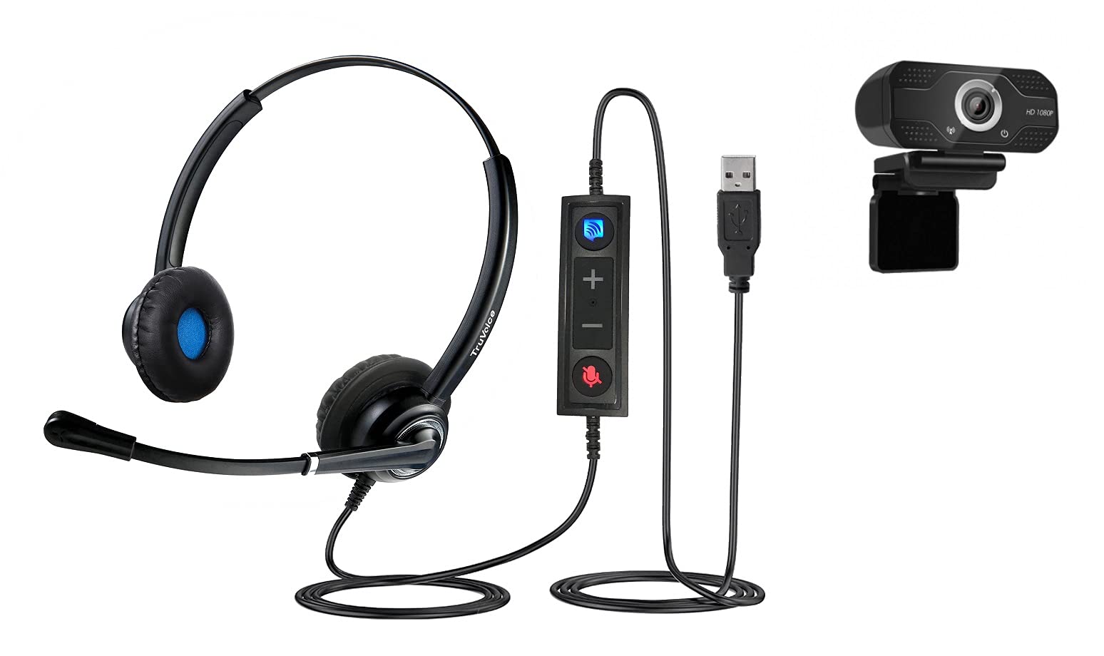 TruVoice Voicepro 20 USB Headset with 1080P Webcam Bundle - Noise Cancelling Double Ear Headphones & HD Webcam for PC, Laptop - Perfect for Remote Work, Online Meetings, Gaming & Video Calls