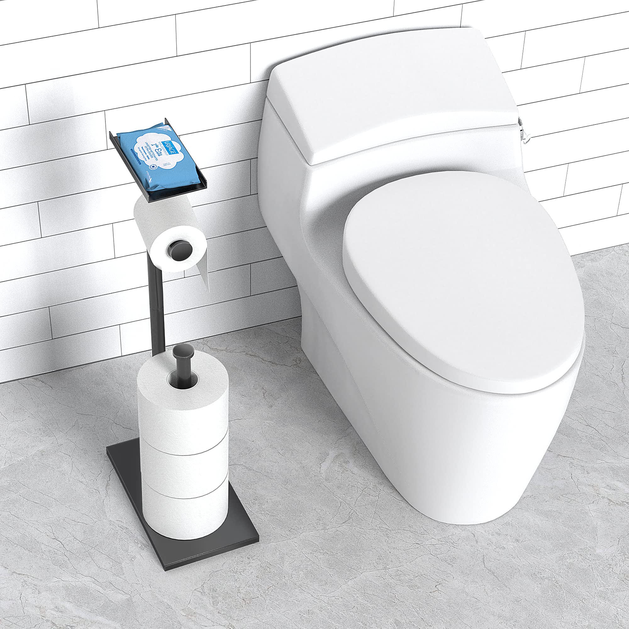 CISILY Black Free Standing Toilet Paper Holder with Phone Shelf - Bathroom Tissue Roll Storage Stand for RV, Apartment, Restroom - Modern Home Decor & Essential Accessories - Perfect for Small Spaces, Guest Bathrooms, and Mobile Living