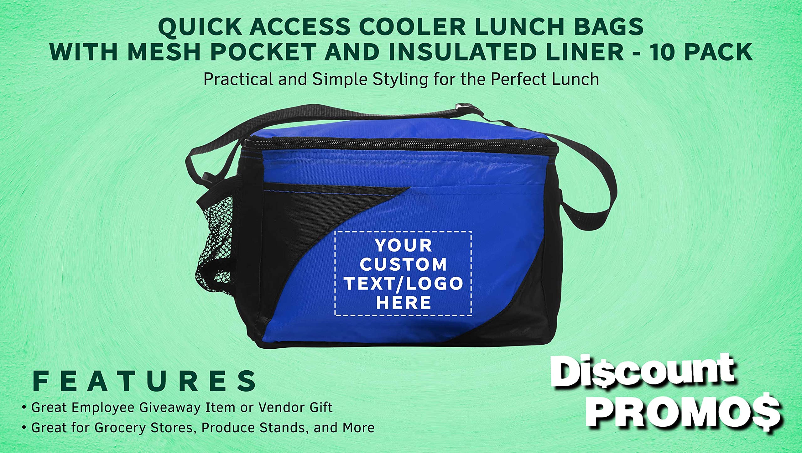 10 Pack Insulated Cooler Lunch Bags with Front & Side Pockets - Custom Text/Logo - Perfect for School, Work, Picnics & Outdoor Activities - Blue