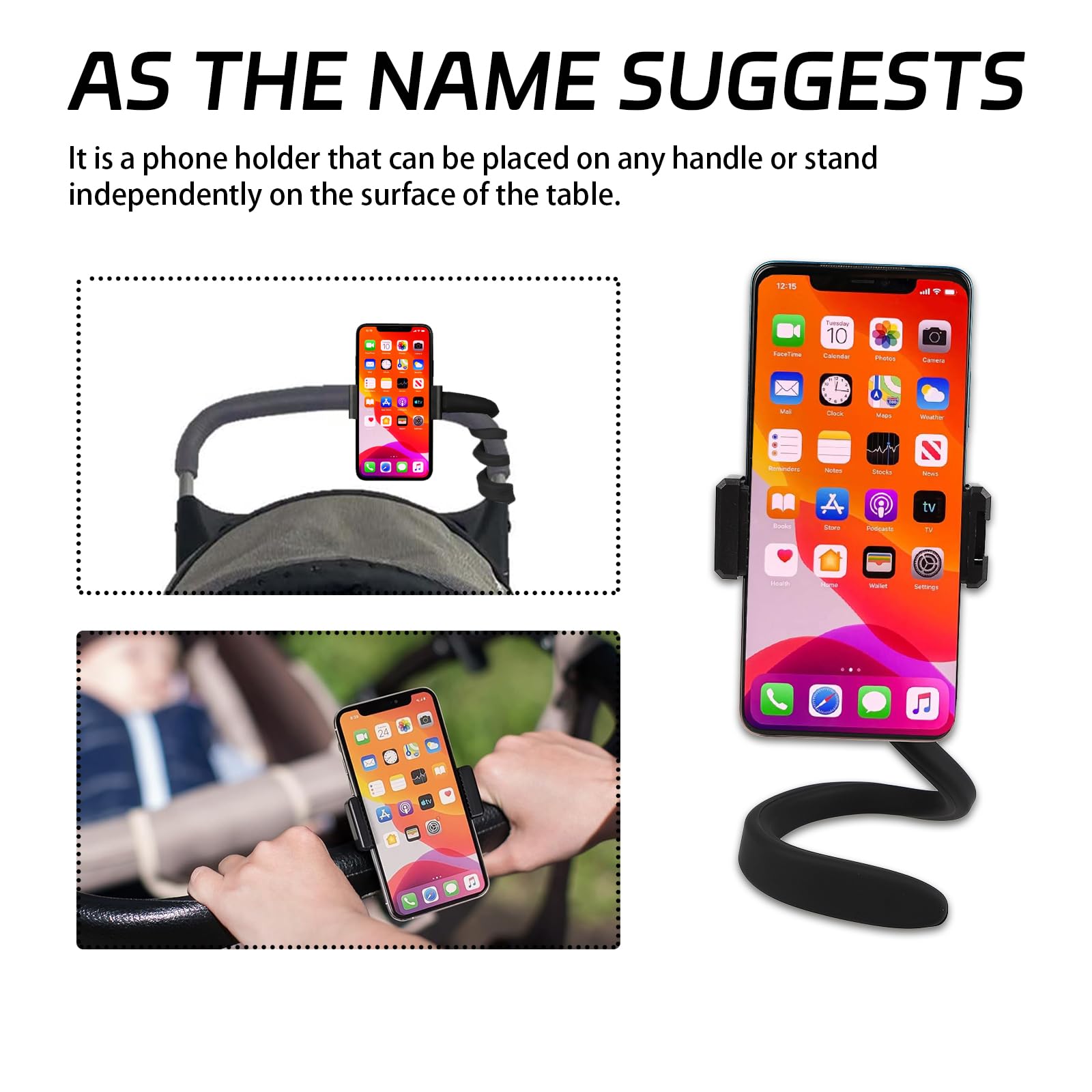 Portable Stroller Phone Holder with Non-Slip Flexible Arm - Universal Stroller Accessory for iPhone & Android - Perfect for Treadmill, Spin Bike, Shopping Cart, Car & Kitchen Use