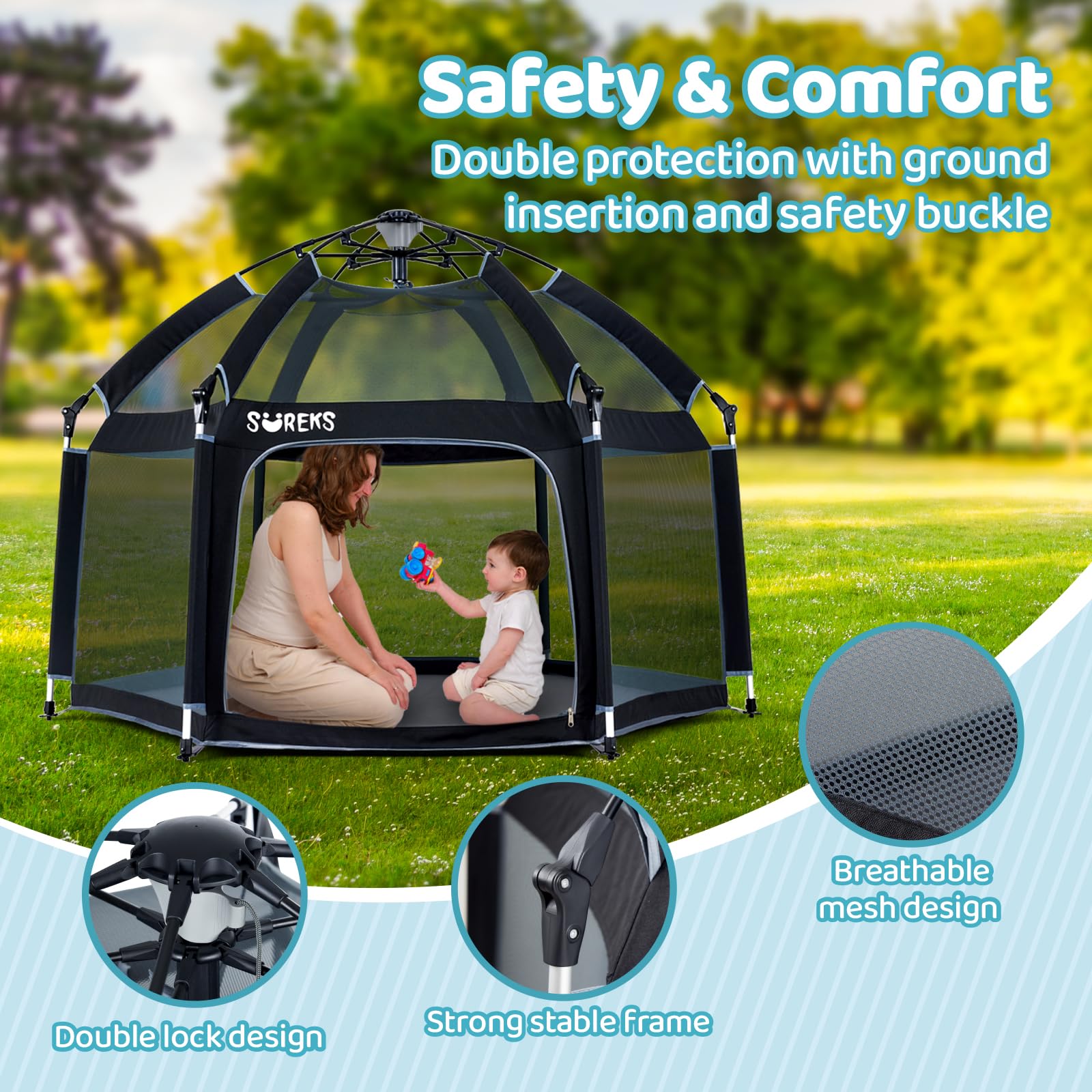 Suureks Baby Playpen Foldable - Large Play Yard for Babies & Toddlers with Safety Gate | Indoor & Outdoor Portable Playpen for Home, Park, and Travel