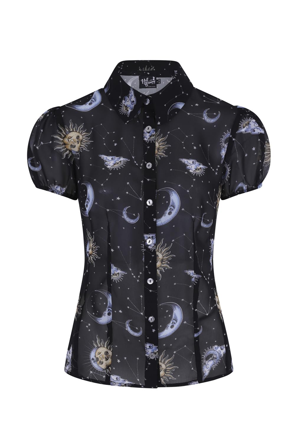 Hell Bunny Solaris Sun Moon Stars Gothic Wicca Chiffon Blouse - Vintage Boho Witchy Top for Women (XS-4XL) | Perfect for Halloween, Steampunk & Pagan Festivals