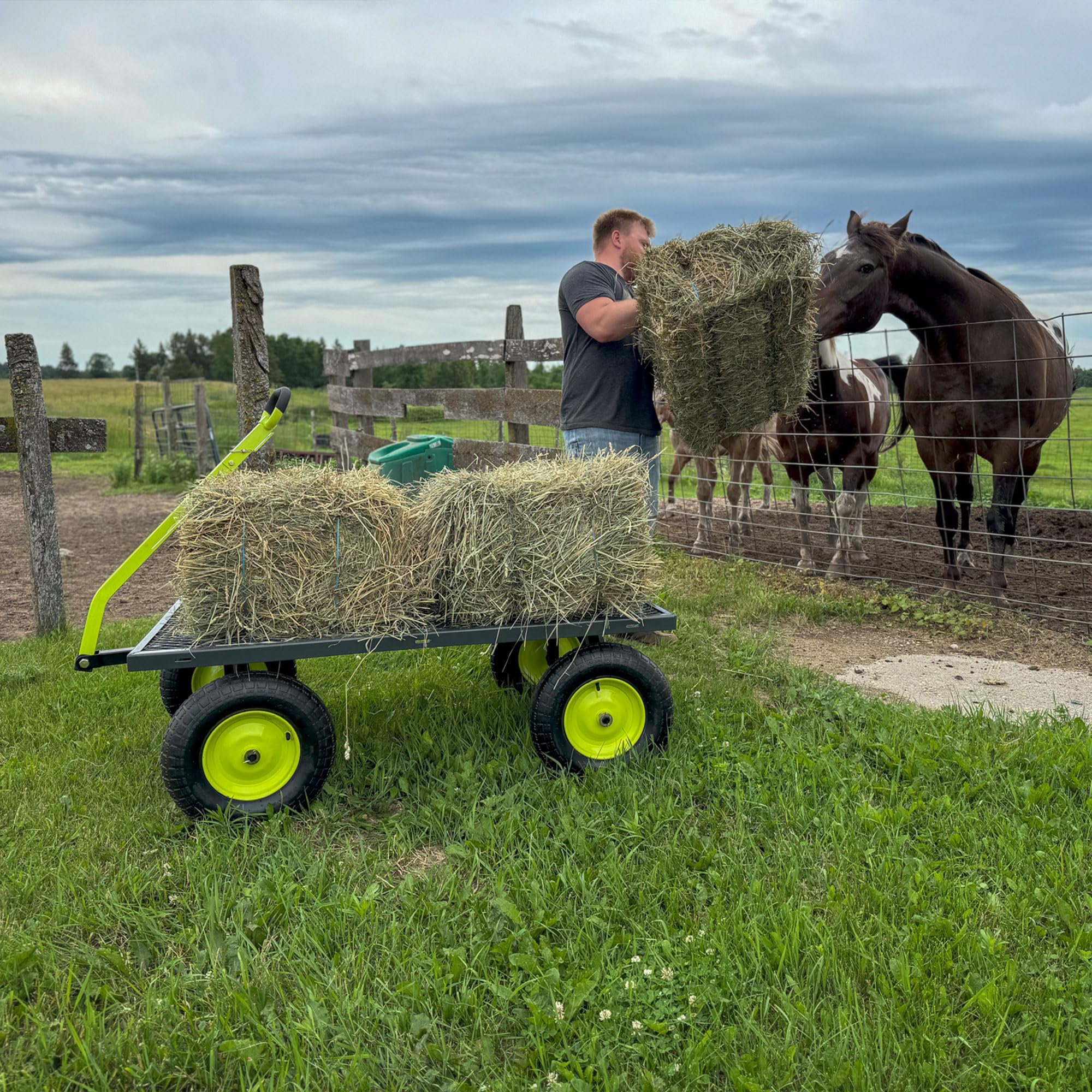 Yard Tuff Jumbo Wagon - Heavy Duty Steel Mesh Deck Utility Cart for Outdoor & Yard Work - 1400 lb Capacity with Large Stable Tires (34 x 52 Inch, Gray/Green) - Perfect for Gardening, Landscaping, Farm & Construction Use