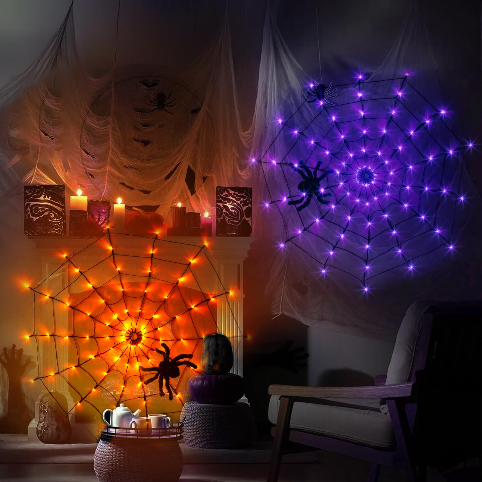 Vanthylit Halloween Decorations - 4FT 84LED Spider Web Lights with Black Spider for Indoor & Outdoor Haunted House Decor (Orange & Purple) - Perfect for Window, Room, Yard, and Party Halloween Lighting