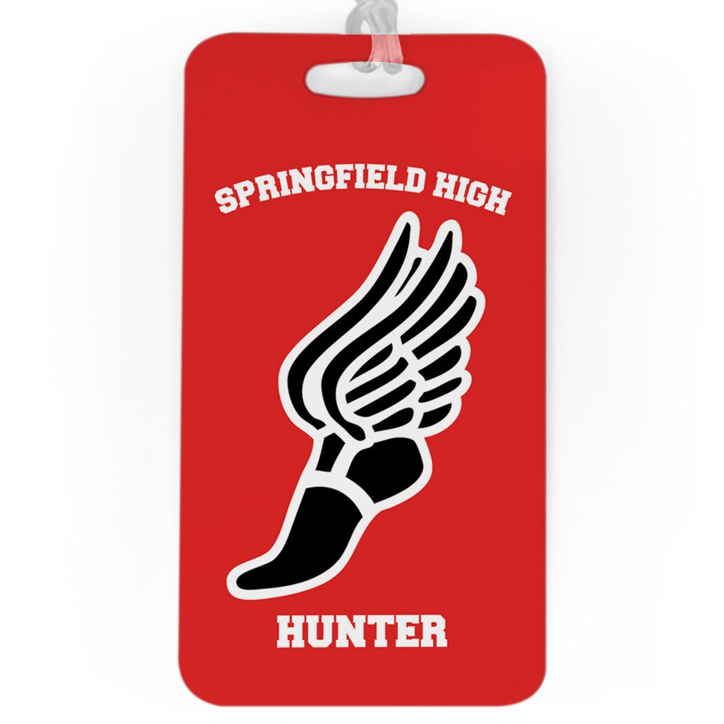 Personalized Track & Field Luggage Tag - Custom Team Winged Foot Design with Standard Lines - Large Size in Red/Black - Perfect for Sports Travel, Gym Bags & Team Identification