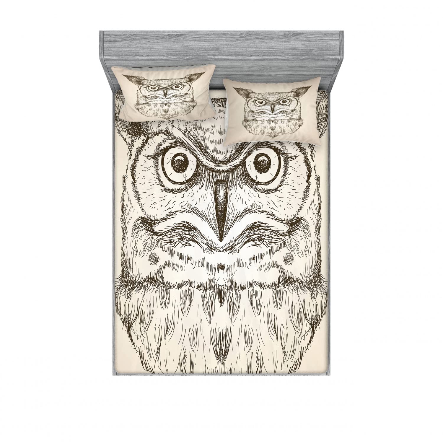 Ambesonne 2-Pack Owl Print Fitted Sheet & Pillow Sham Set - Wildlife Animal Sketch Design, 4-Piece Full Size Bedding Set (Dark Brown/Eggshell) for Cozy Bedroom Decor - Perfect for Kids Rooms, Dormitories & Wildlife Themed Bedrooms