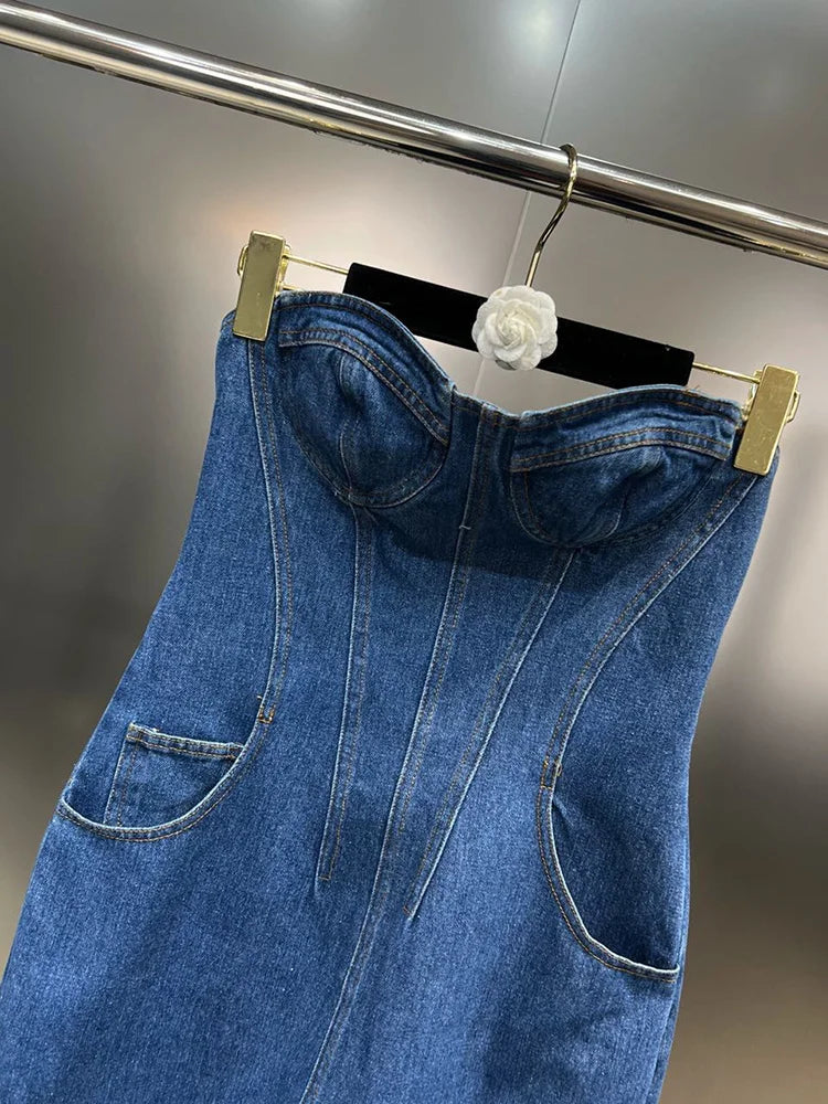 Trendy Strapless Denim Dress for Women with Waist Pocket & Spiral Decoration - Back Zipper Spring Fashion | Casual Outing, Date Night, Summer Party Wear