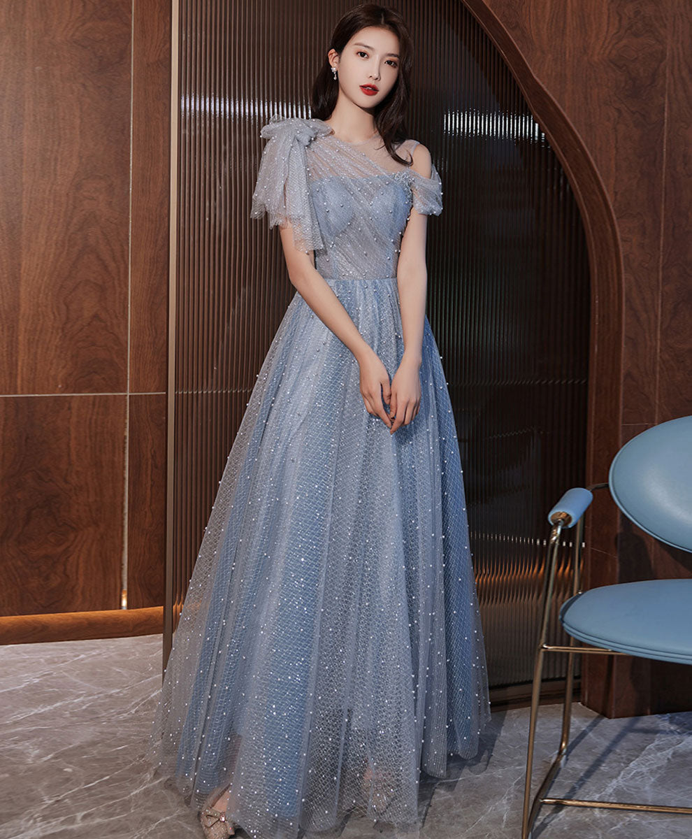Elegant Blue One Shoulder Tulle Long Prom Dress - Formal Evening Gown for Homecoming, Wedding & Special Occasions