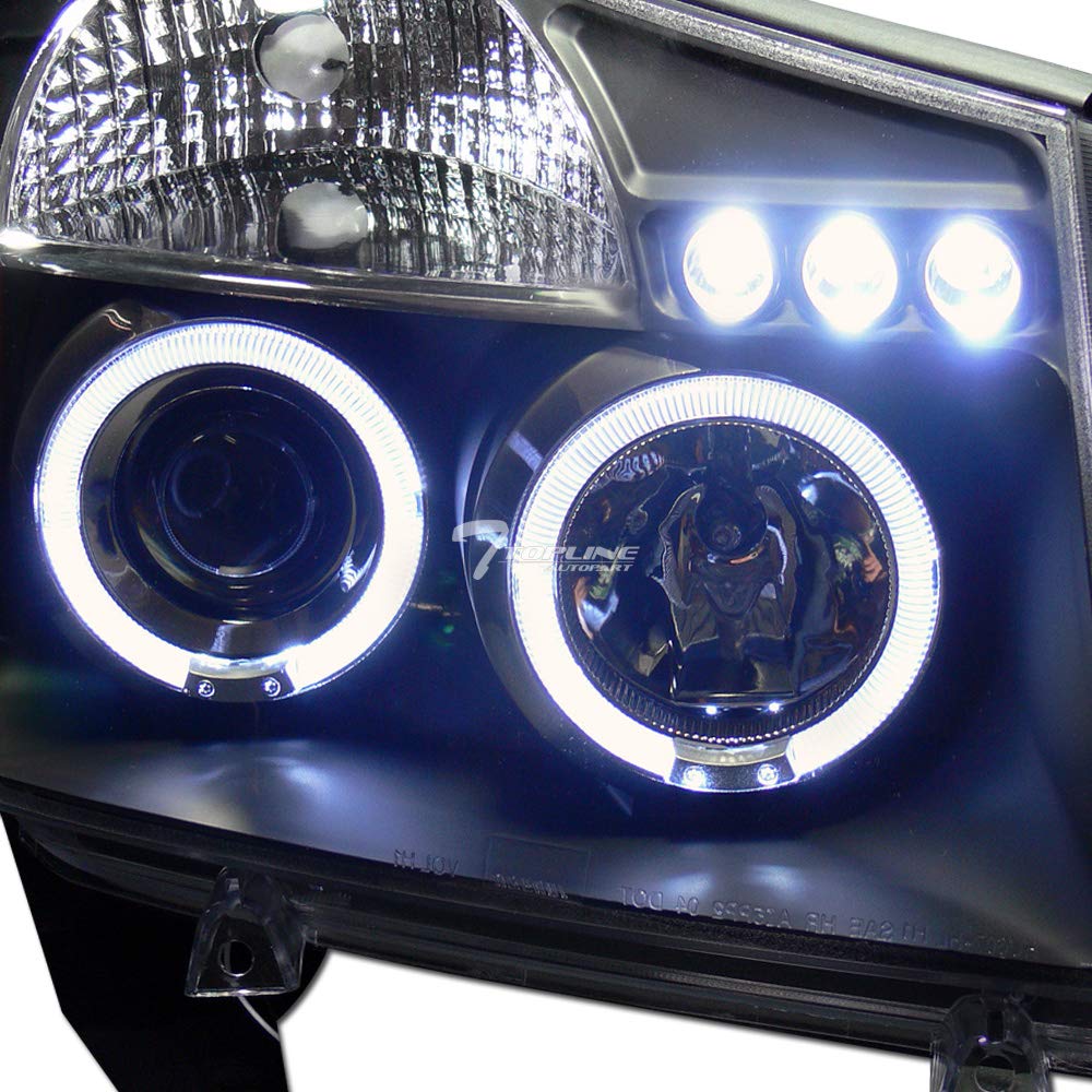 Black LED Projector Headlights with Amber Reflector & Halo Ring - Compatible with 2004-2015 Nissan Titan & 2005-2007 Nissan Armada - Upgrade Your Truck's Style & Night Visibility for Off-Roading & Daily Driving