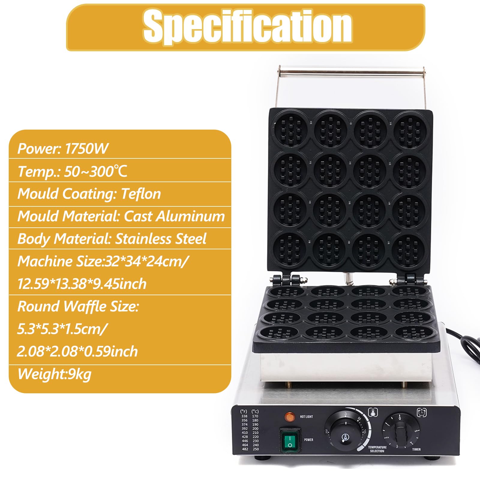 Commercial Belgian Waffle Maker - 1750W Nonstick Electric Waffle Iron with Time & Temperature Control, 16 Mini Round Waffles, 110V Stainless Steel for Restaurants, Cafes & Home Breakfast - Perfect for Waffle Bars, Brunch Parties & Quick Snacks