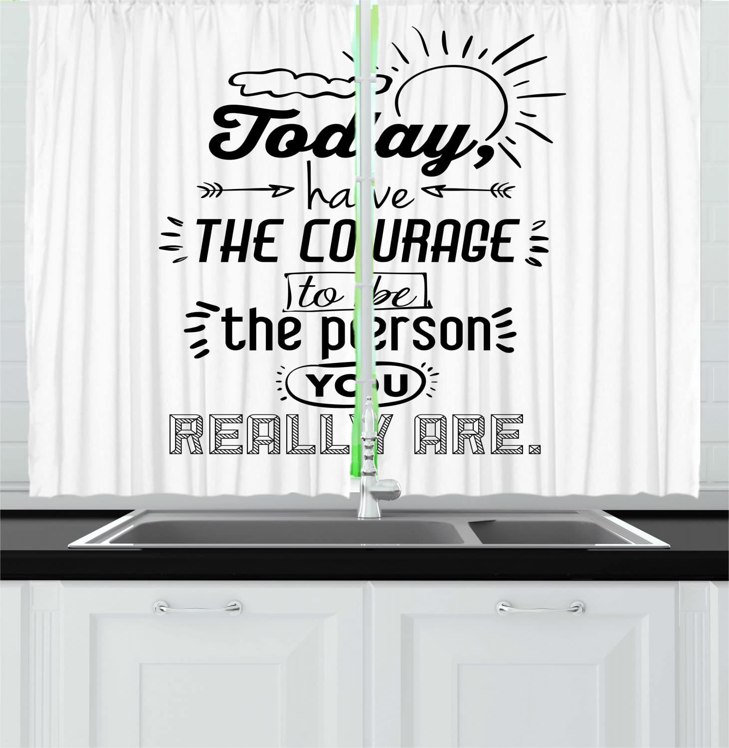 Ambesonne Inspirational Long Kitchen Curtains - Positive Words & Encouragement Design, 2 Panel Set with Rod Pocket, 55