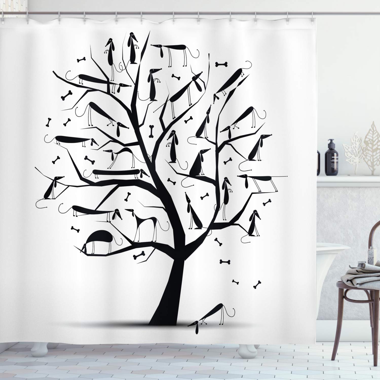 Ambesonne Abstract Shower Curtain - Monochrome Autumn Tree with Dachshund Silhouettes, 69x75 Inch White & Black Bathroom Decor Set with Hooks | Perfect for Dog Lovers' Bathrooms, Modern Home Decor, and Seasonal Theme Decorations