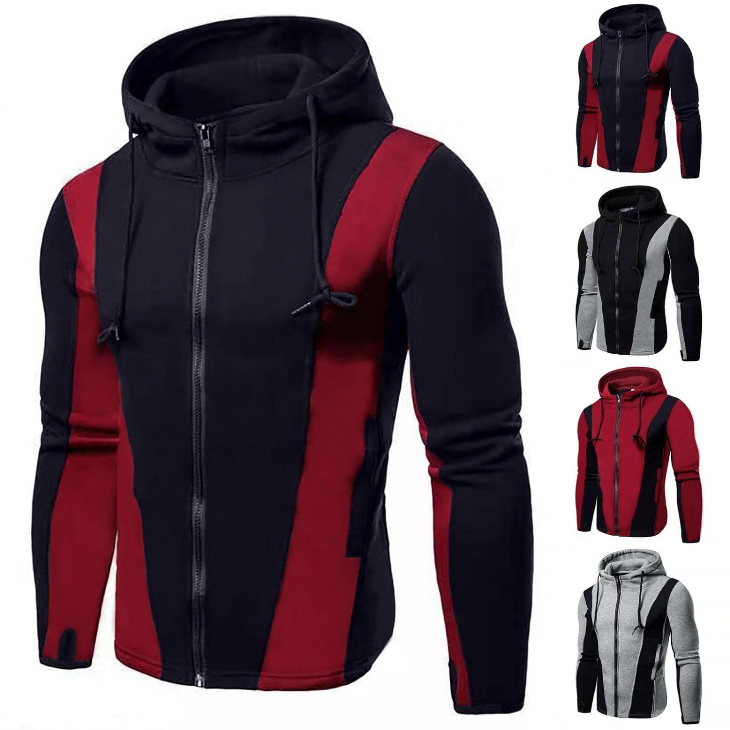 Men's Zip-Up Graphic Hoodie - Color Block Fleece Sweatshirt with Pocket for Casual Wear