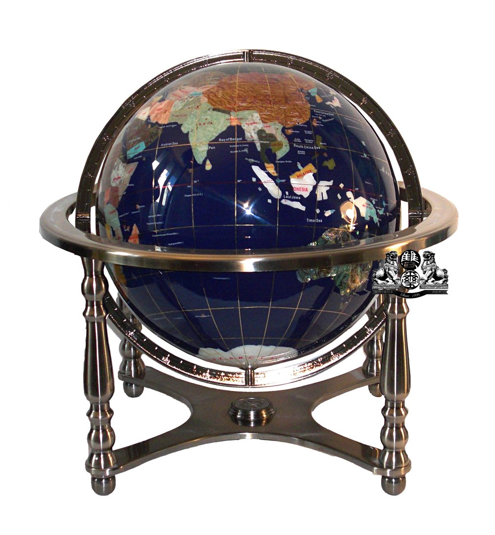 21-Inch Tall Blue Lapis Ocean Gemstone World Globe with Silver Stand - Unique Handcrafted Art Piece for Home, Office Decor & Gift Giving