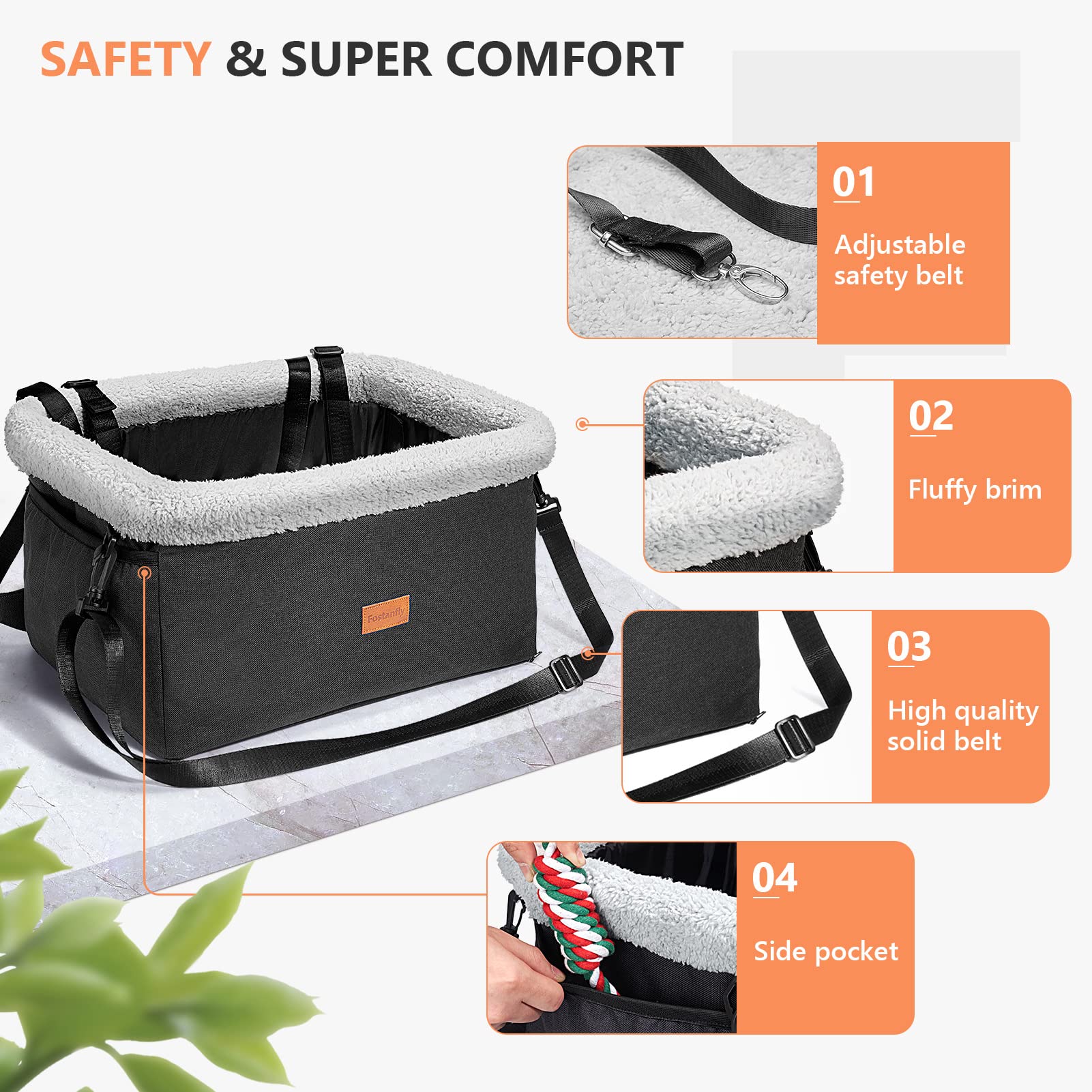 Fostanfly Dog Car Seat for Small Dogs - Upgraded Pet Booster Seat with Metal Frame, Washable Thick Cushion, Safety Leash & Storage Pockets - Perfect for Travel, Road Trips & Daily Commutes
