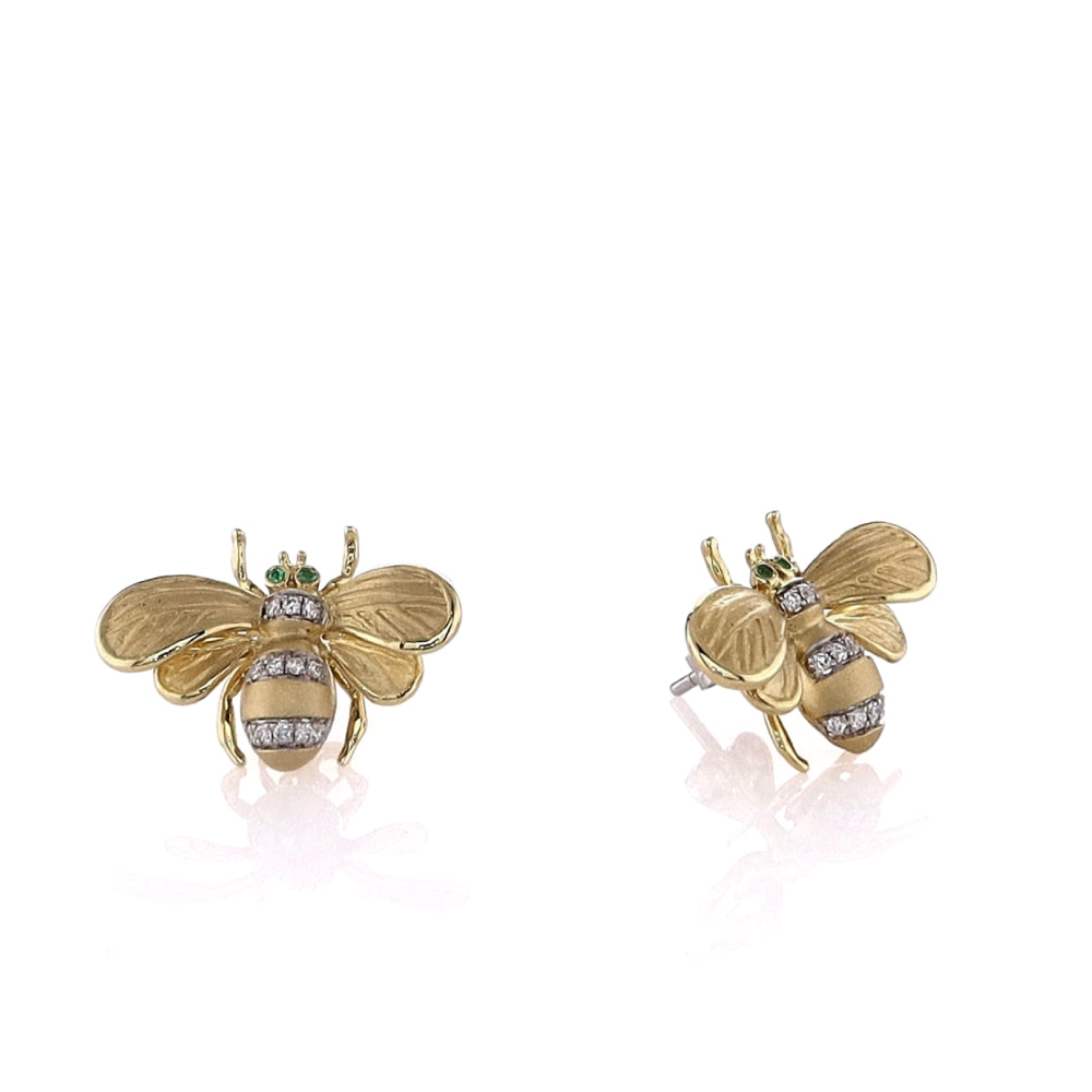 18K Yellow Gold Emerald and Diamond Bee Stud Earrings – Elegant Jewelry for Women, Perfect for Parties, Weddings & Gifts