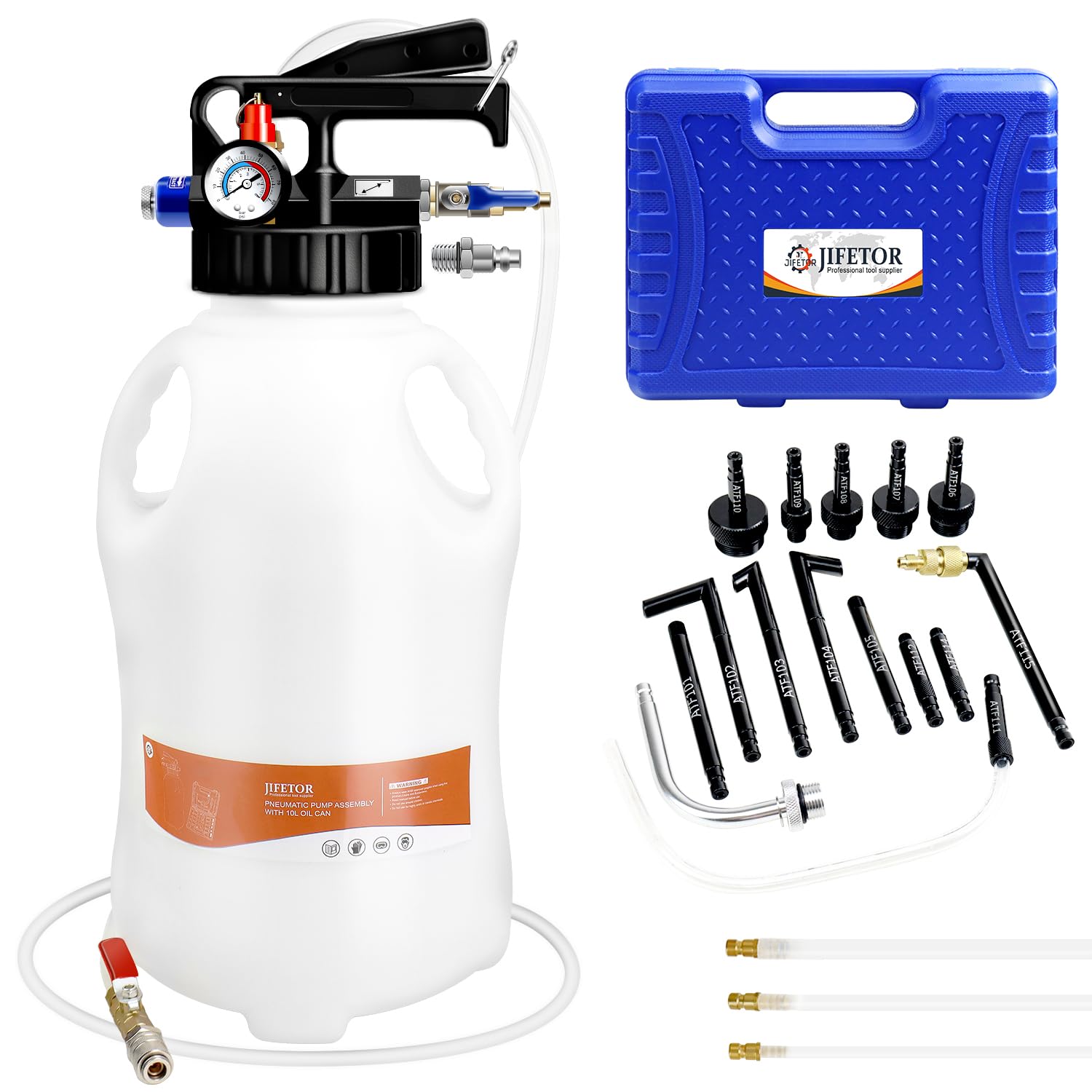 JIFETOR 10L Pneumatic Transmission Fluid Pump Extractor & Dispenser Kit - 15PCS ATF Adapters & 3PCS 1M Hose for Gear Oil Transfer - Ideal for Garage, Auto Shop & DIY Car Maintenance (ATF Fill & Evacuator Tool Set)