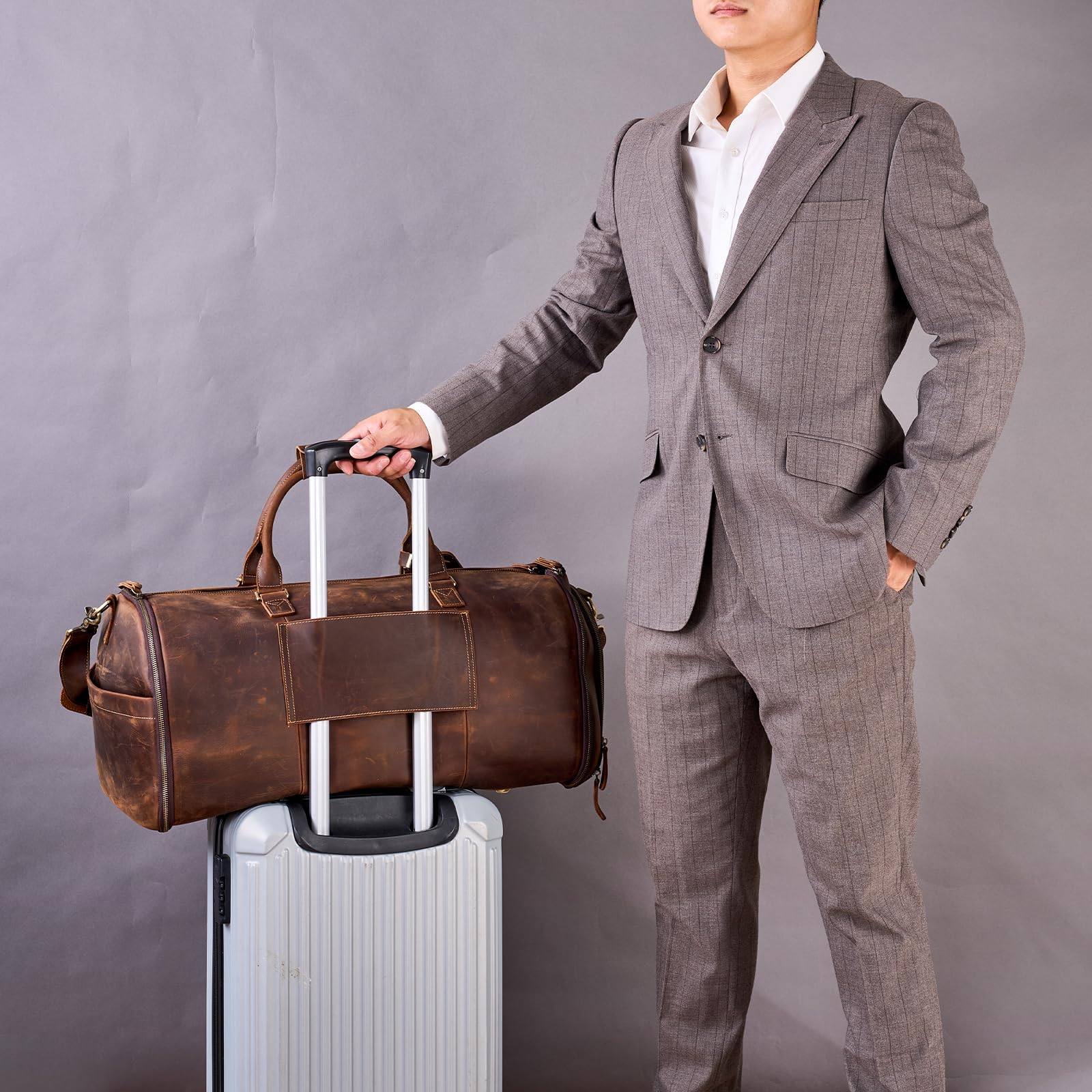 Premium Full Grain Leather Convertible Garment Bag with Shoe Compartment - Duffle Carry On Weekender for Men & Women - Business Travel Suitcase with Hanging Function (Dark Brown) - Perfect for Business Trips, Weekend Getaways & Airplane Travel