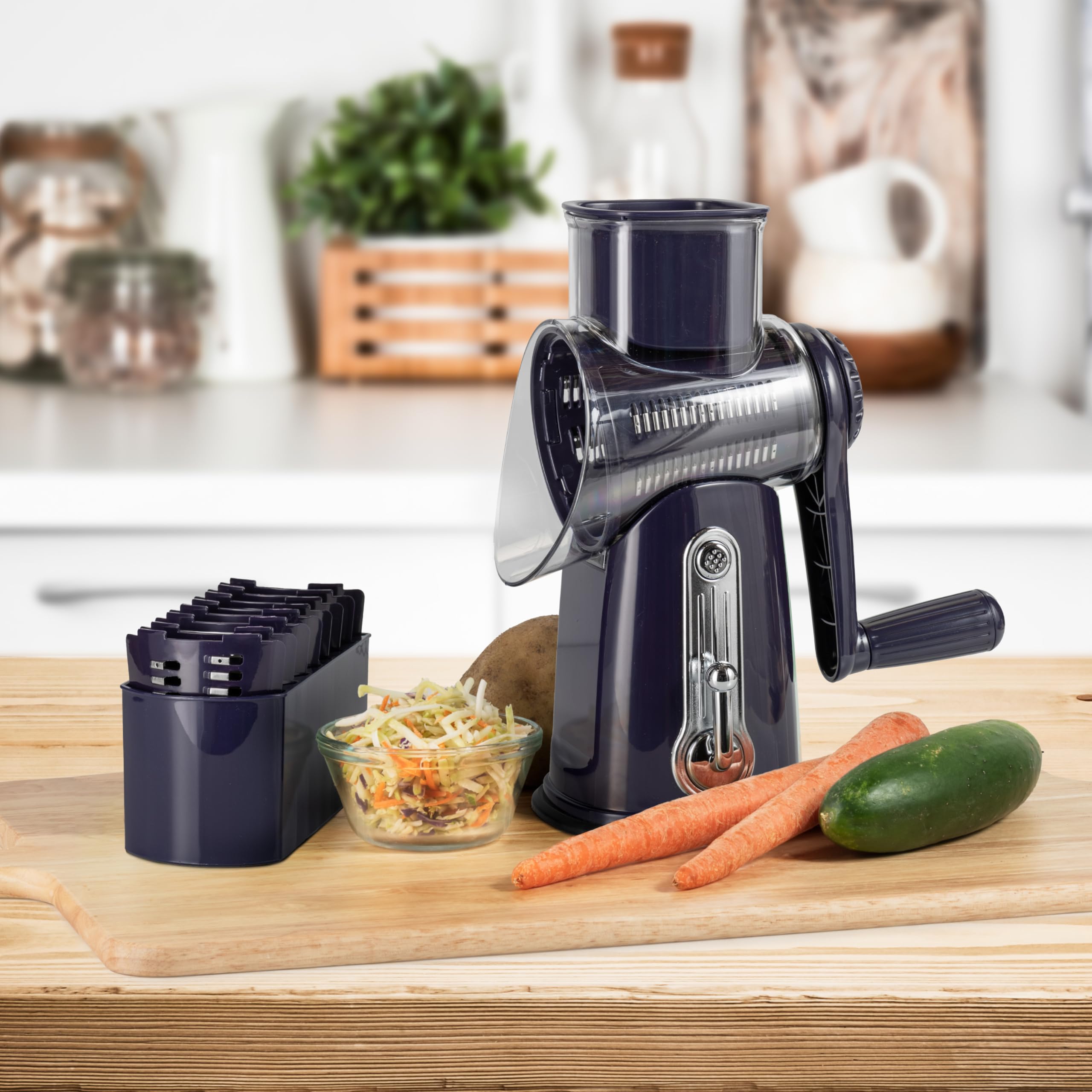 5-in-1 Rotary Cheese Grater with Handle – Stainless Steel Blades for Vegetables, Nuts & More | Multi-Functional Kitchen Tool for Grating, Slicing & Shredding | Easy to Clean & Dishwasher Safe (Purple) | Perfect for Salads, Pasta, Baking & Meal Prep