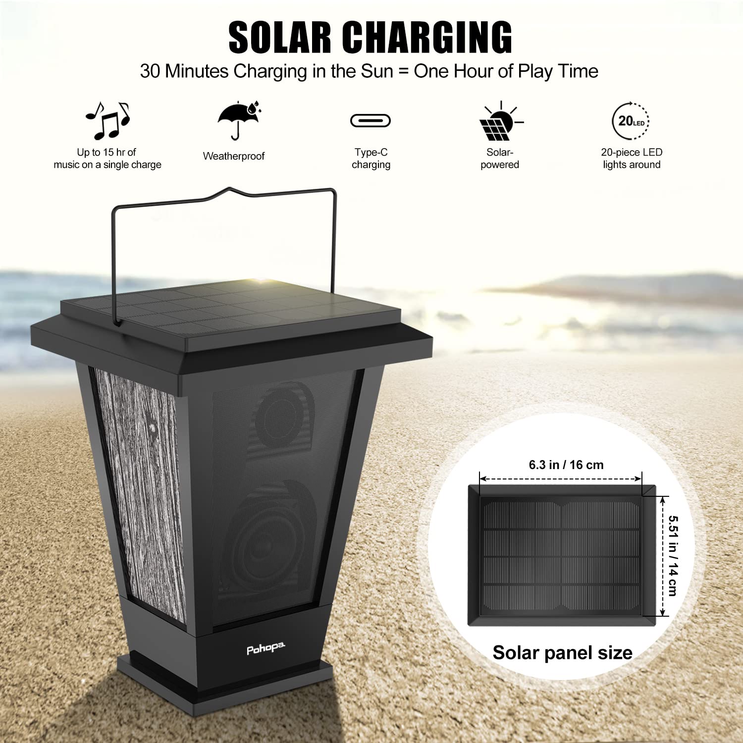 Pohopa 2 Pack Waterproof Bluetooth Speakers with Solar Power, 20W True Wireless Stereo Sound, Dual Pairing, 20 LED Lights & Rich Bass - Perfect for Outdoor Camping, Beach Parties, and Indoor Decor (Black)