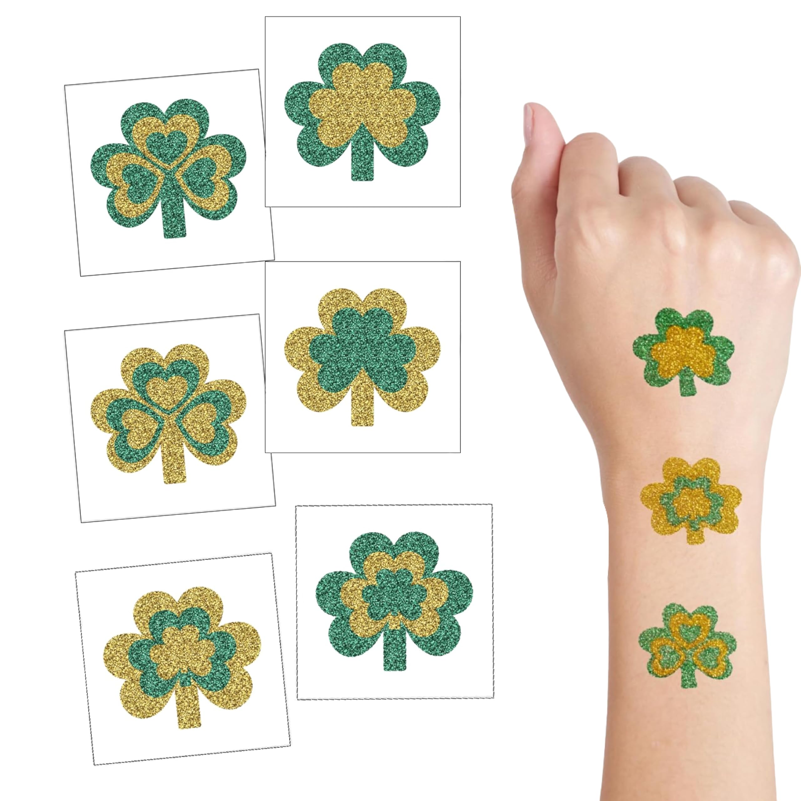 4E's Novelty Shamrock Temporary Tattoos - 24 Pack Glitter St. Patrick's Day Tattoos for Kids & Adults | Irish Party Favors, Face & Body Art | Perfect for Festivals, Parades & Themed Events