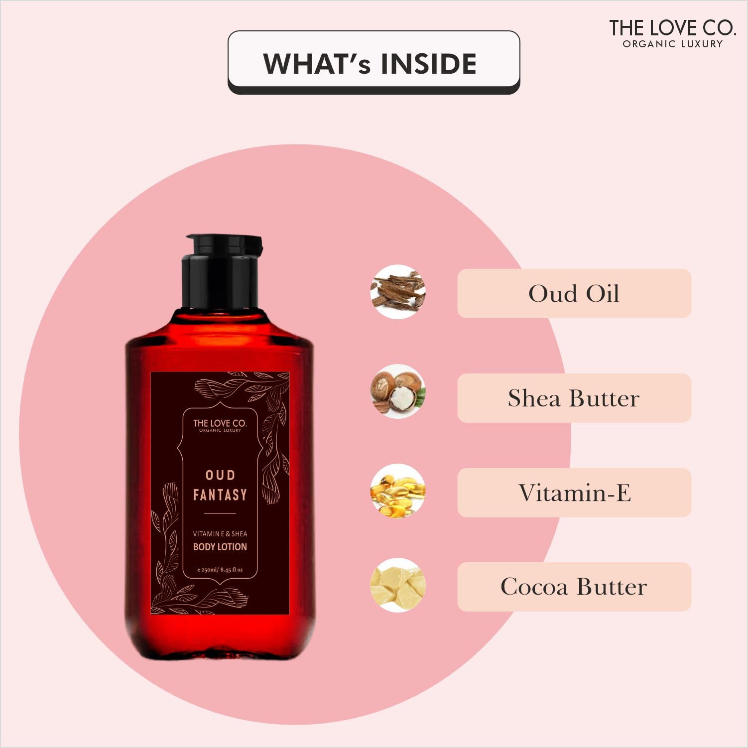 THE LOVE CO. Oud Fantasy Body Lotion - Hydrating Moisturizer for Dry Skin with Jojoba Oil, Shea Butter & Vitamin E - 250ml - Unisex Fragrance for Daily Skincare & Relaxation