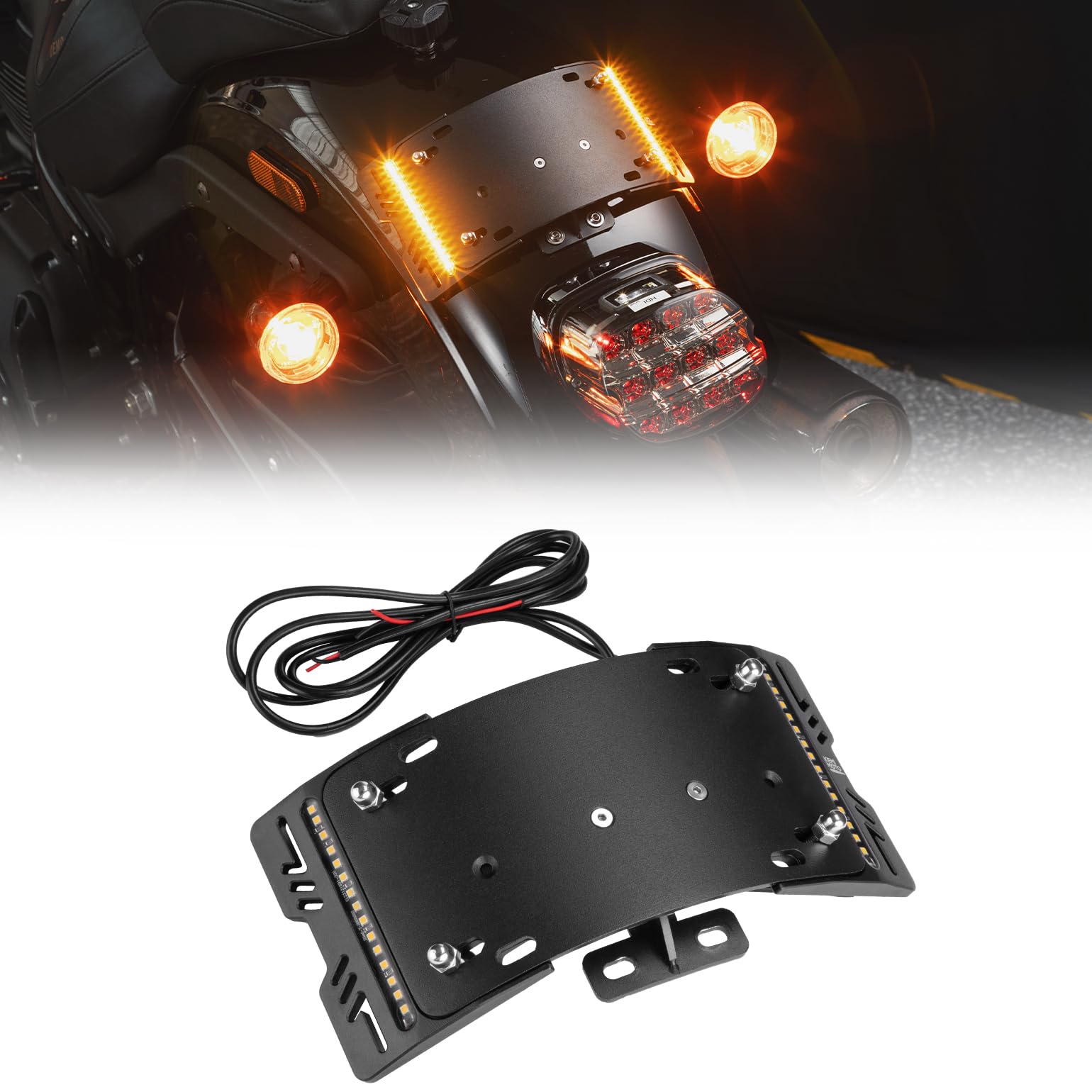 KEMIMOTO Motorcycle Curved Laydown License Plate Bracket with Amber LED Lights - 3 Hole Mount for Harley Softail, Cruiser & Low Rider Models (Black) - Perfect for Night Riding & Custom Bike Builds
