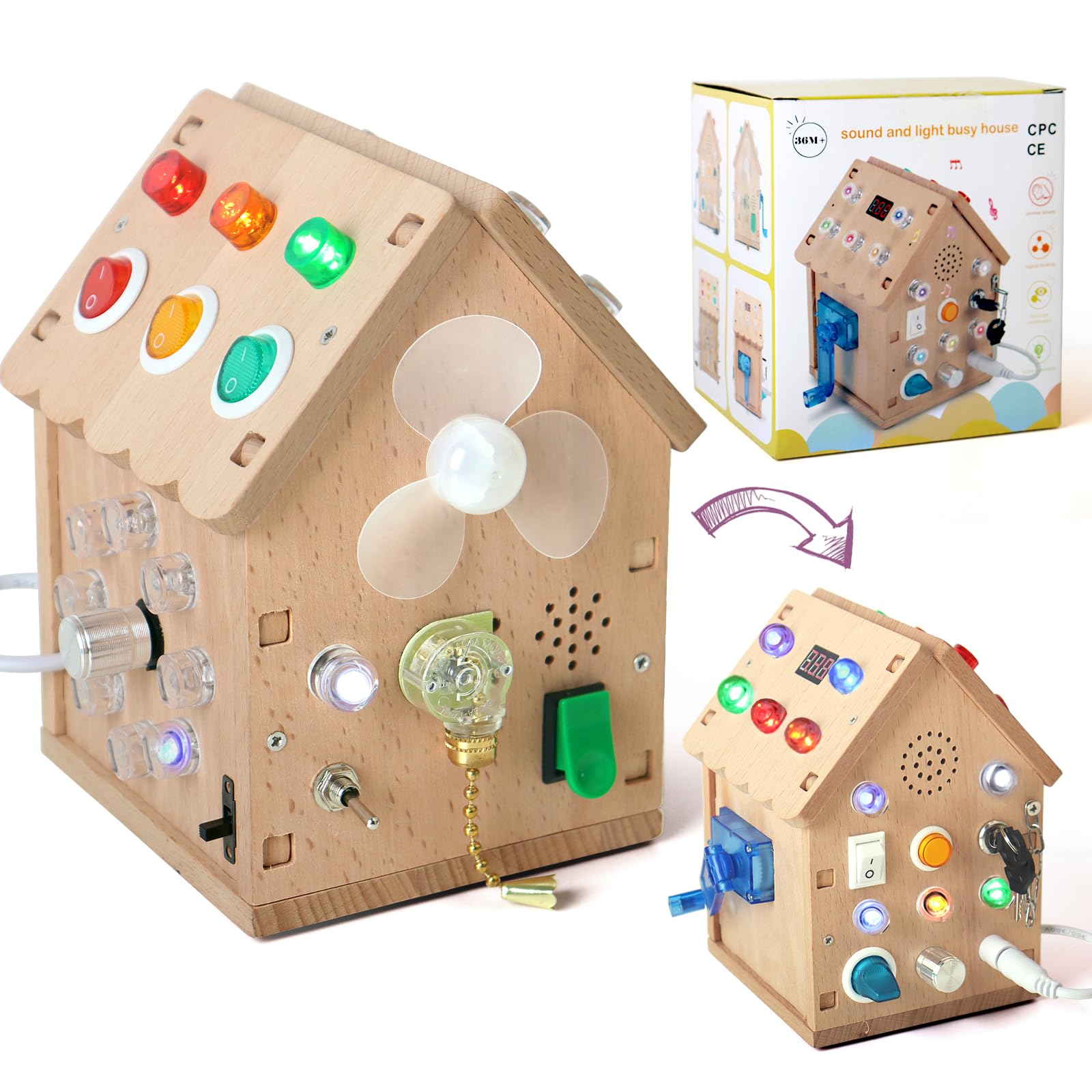 Wooden Montessori Busy Board with Sound & Light - Sensory Toy for Toddlers 3+ Years | Educational Light Switch Toy for Boys & Girls - Perfect for Early Learning & Travel Play