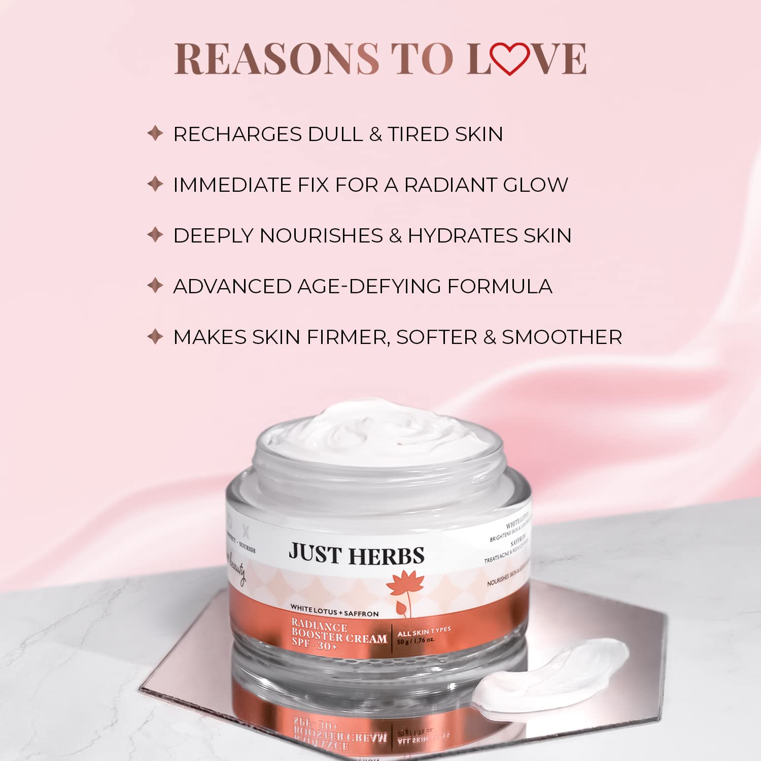 Just Herbs Saffron & White Lotus Radiance Booster Cream SPF 30+ - Brightening Face Moisturizer for Glowing Skin | Men & Women | 50g | Day Cream for Sun Protection & Even Skin Tone