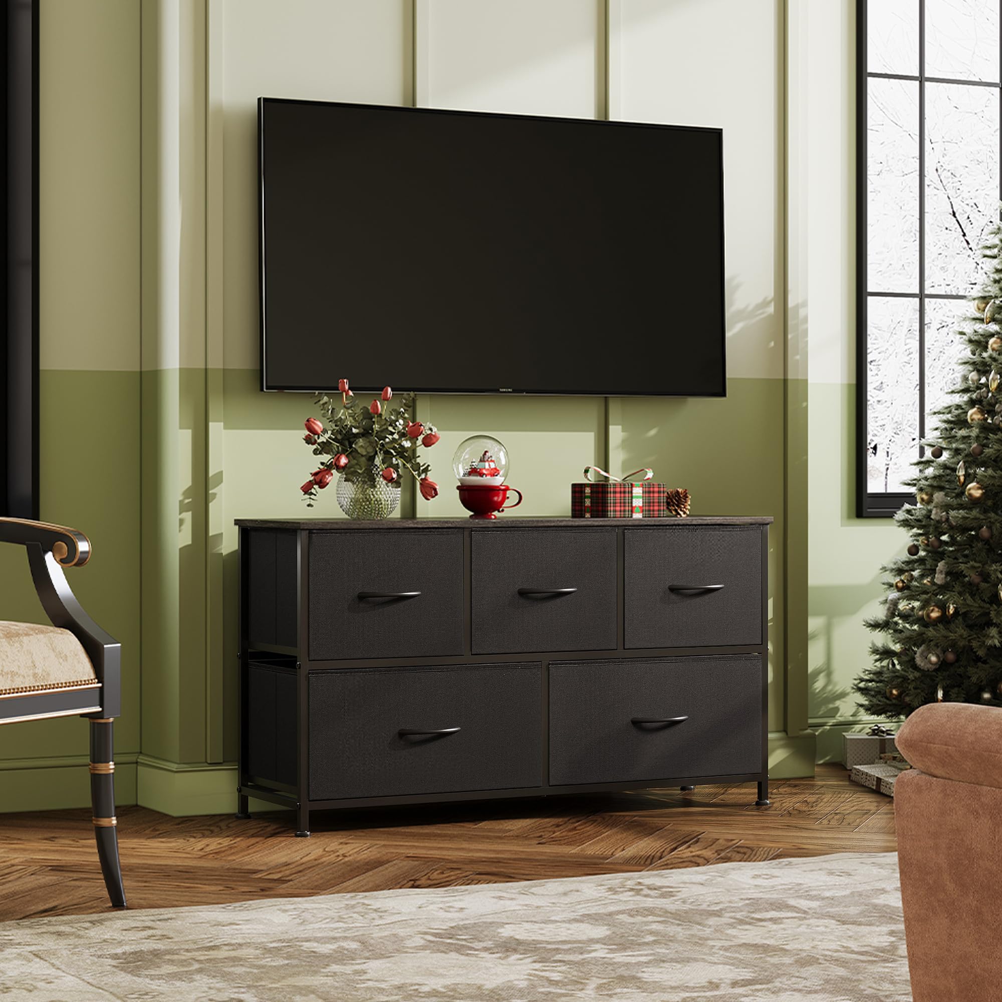WLIVE 5-Drawer Fabric Dresser for Bedroom - Wide Storage Organizer with Fabric Bins for Clothes, Toys & Home Organization - Perfect for Closet, Living Room & Hallway - Charcoal Black