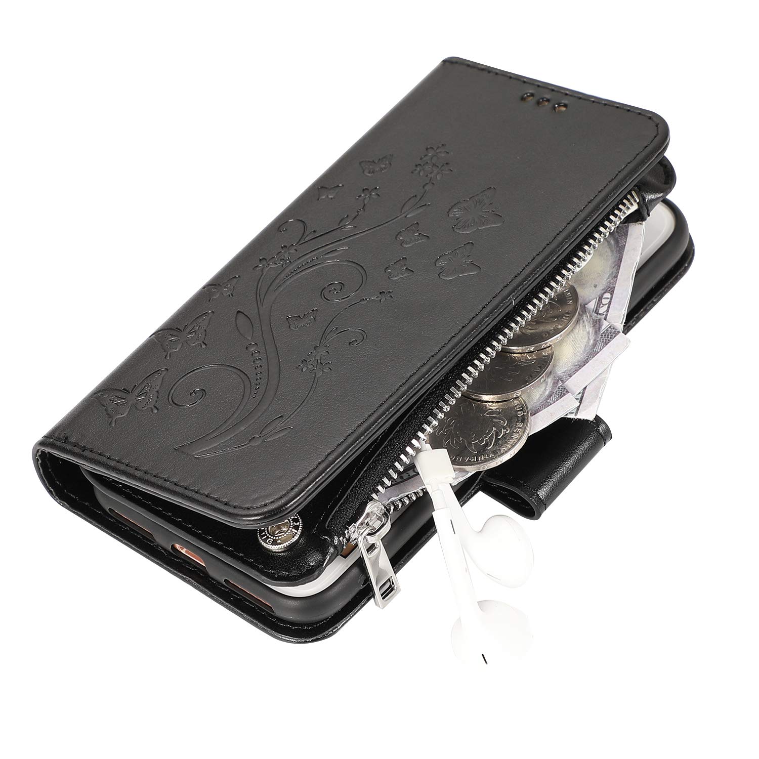 Premium PU Leather Magnetic Wallet Case for iPhone SE 2022/SE3/iPhone 8/iPhone 7/iPhone SE 2020/SE2 - Shockproof Flip Cover with Zipper Pocket, Card Slots & Kickstand (Black) | Perfect for Travel, Work & Everyday Use