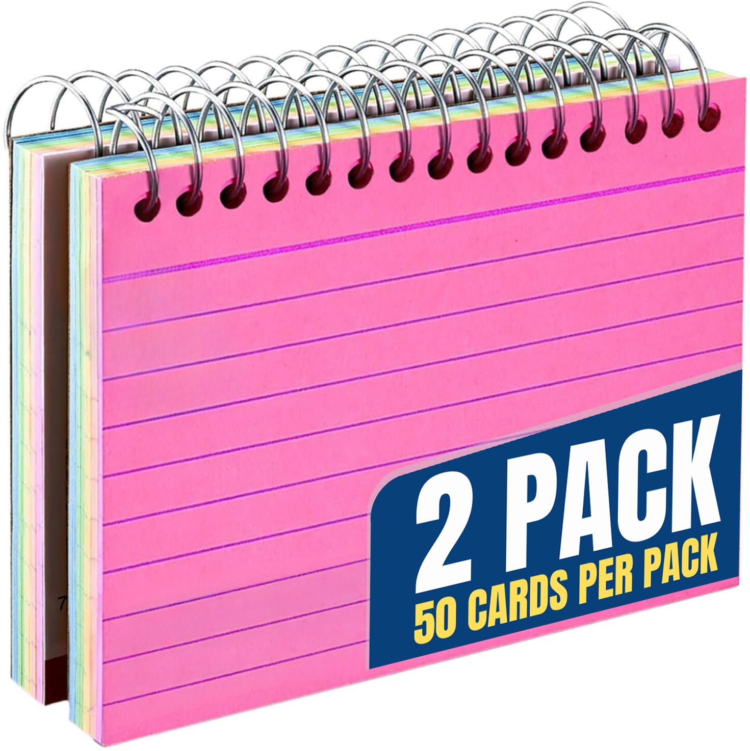 1InTheOffice Spiral Index Cards 3x5 Inches, Ruled Neon Note Cards Spiral Bound - 50 Cards/Pack, 2 Packs for School, Office & Study Organization | Colorful Flash Cards for Notes, Memos & Learning
