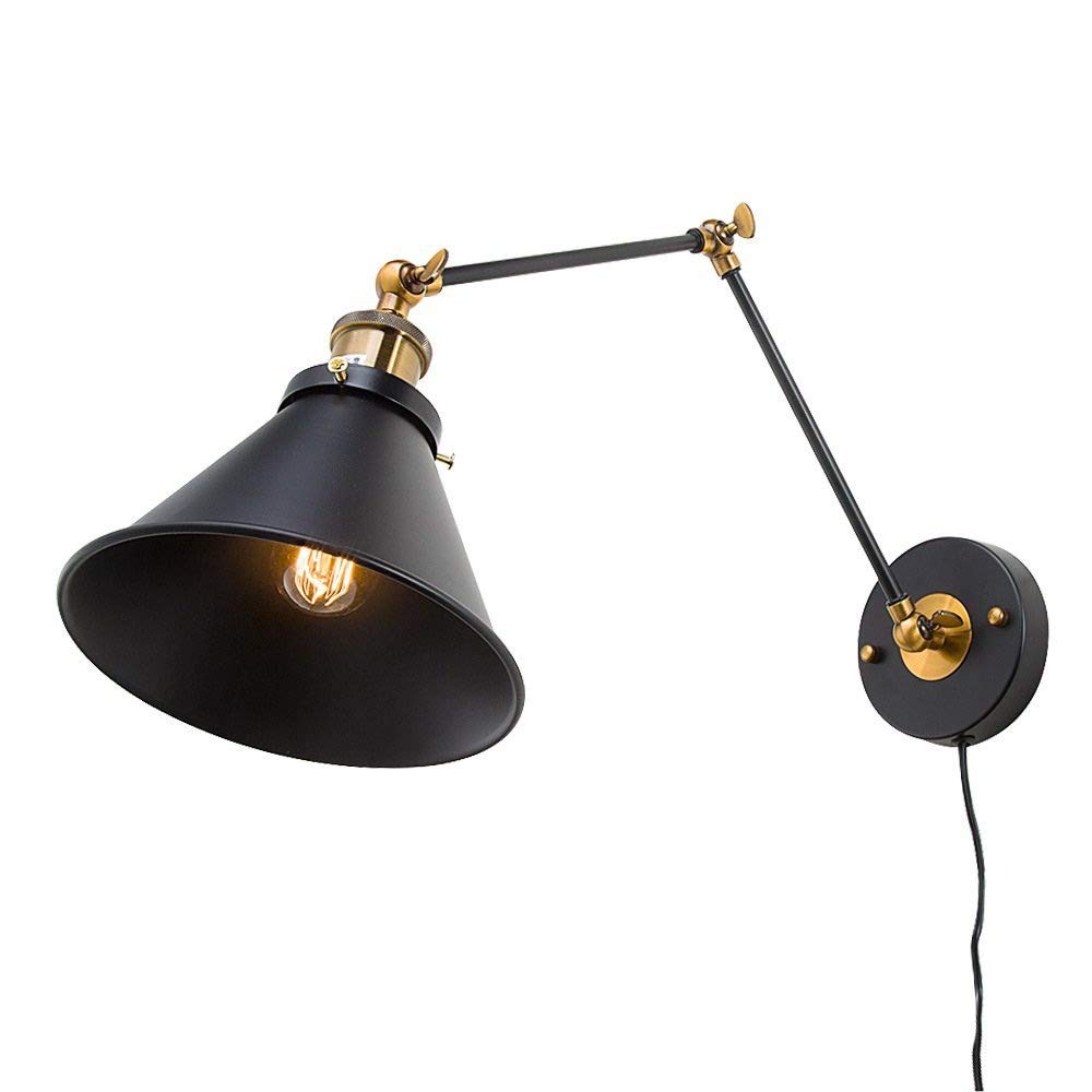 Vintage Black Farmhouse Wall Mount Lamp - Adjustable Plug-in Metal Sconce with On/Off Switch | Modern Indoor Lighting Fixture for Living Room, Bedroom & Hallway Decor