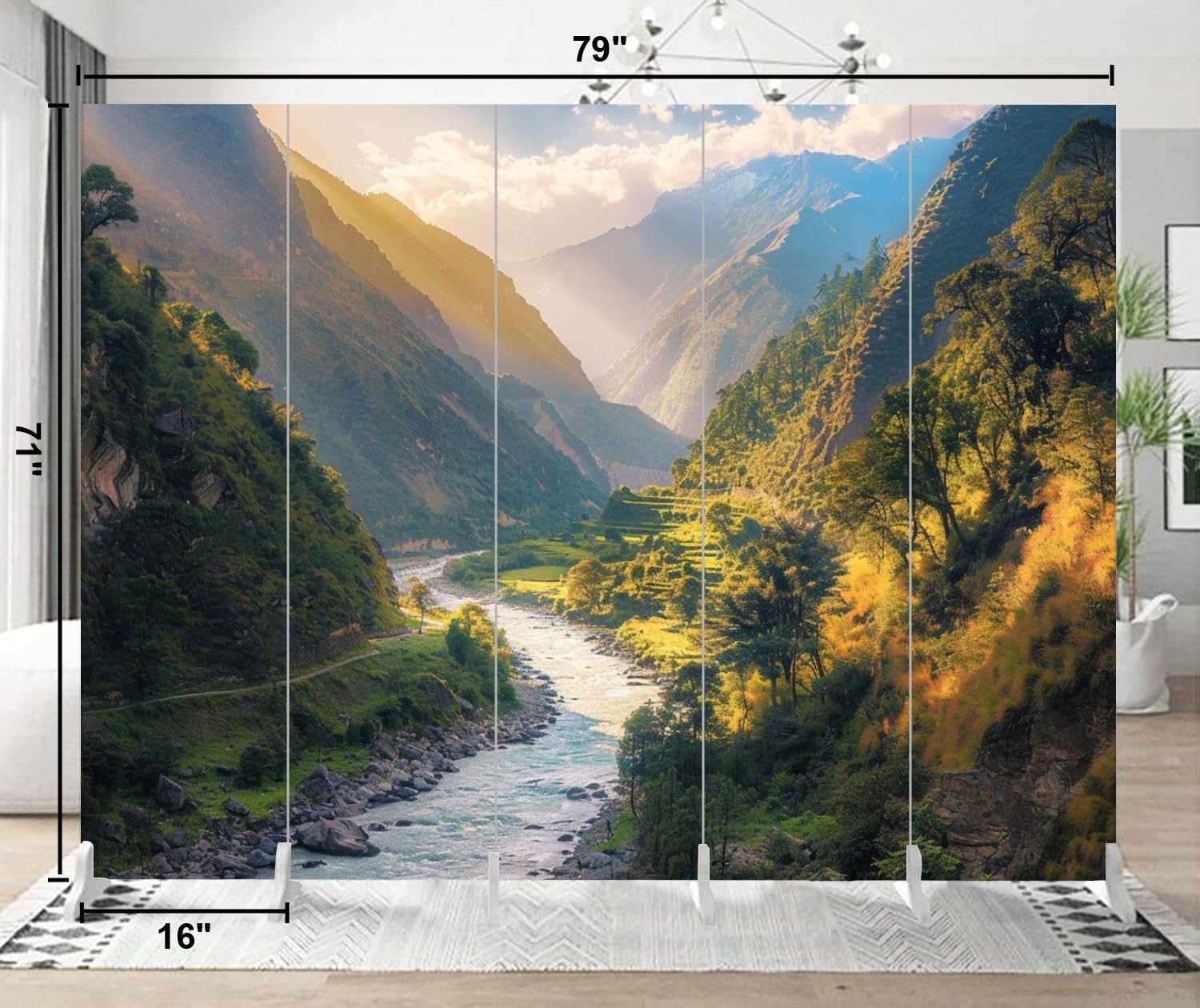 5-Panel Folding Room Divider - Colorful Himalayan Mountain Landscape with Curving River Canvas - Freestanding Privacy Partition for Living Room, Bedroom & Office - Indoor Protective Screen & Space Separator