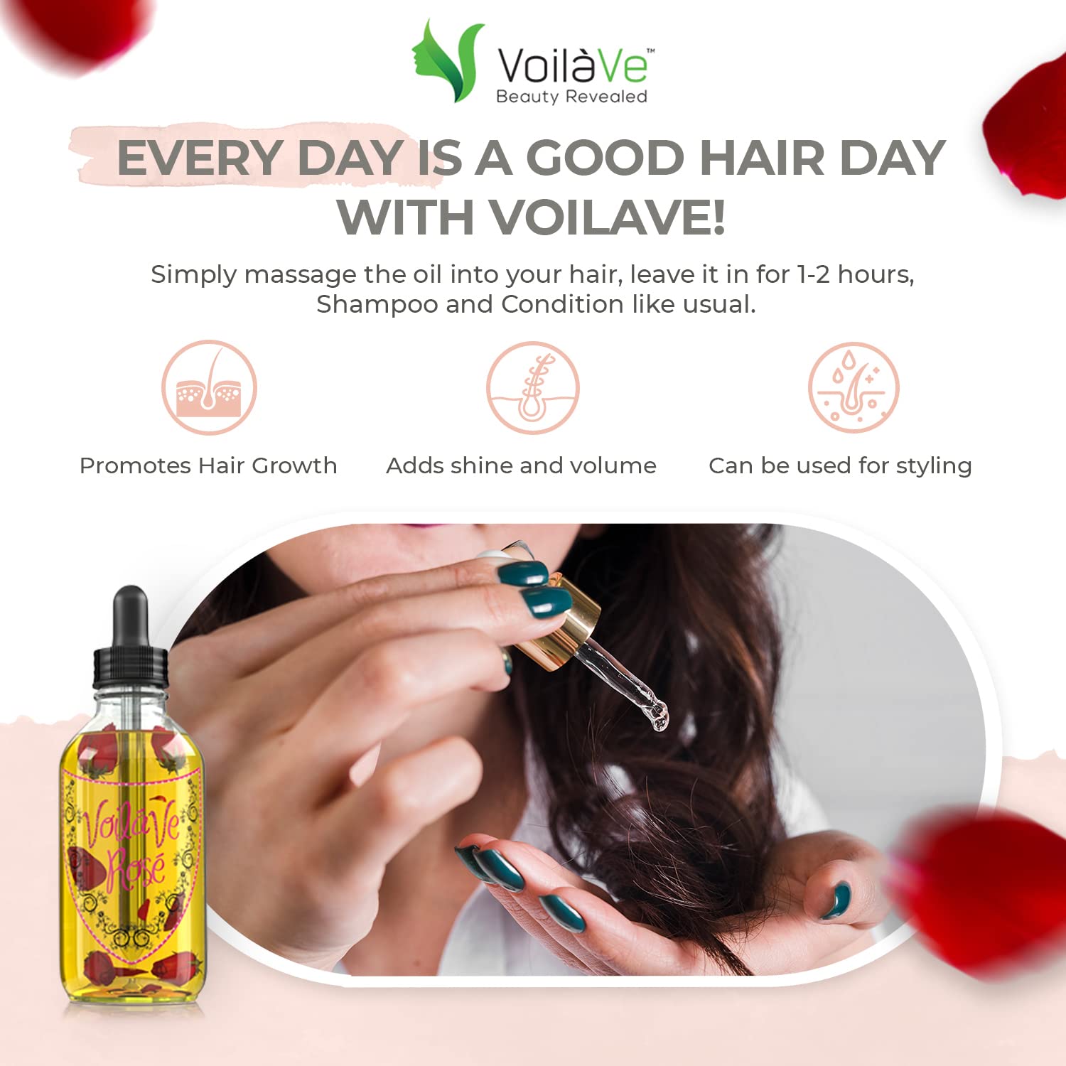 VoilaVe Organic Rose Oil for Face, Body & Hair - Natural Moisturizer for Dry Skin, Scalp, Nails & Cuticles - Anti-Aging Treatment Reduces Wrinkles, Scars & Stretch Marks - Infused with Rose Petals & Bergamot Essential Oil - 4 Fl Oz - Perfect for Daily Skincare, Massage & Aromatherapy