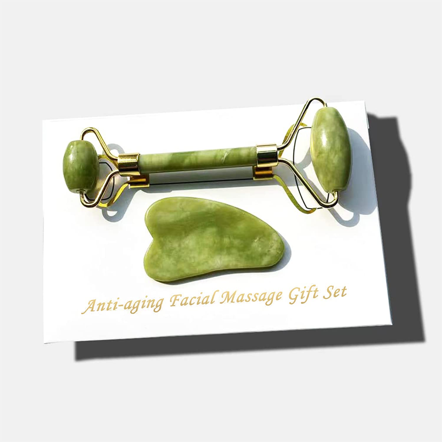 Jade Roller & Gua Sha Facial Massage Set - Green Stone Face Roller & Gua Sha Tool for Skin Care, Anti-Aging, Puffiness Relief - Perfect for Face, Neck & Eye Treatment - Spa Quality Skincare Tools for Home & Travel Use