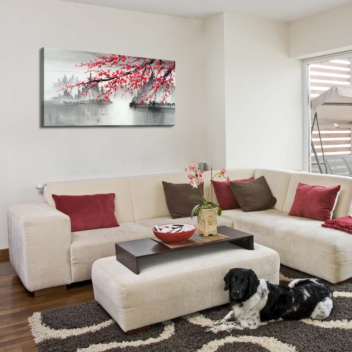 Hand-Painted Chinese Plum Blossom Canvas Wall Art - 60x30 Inch Black & White Landscape Oil Painting - Modern Asian Home Decor for Living Room, Bedroom & Office