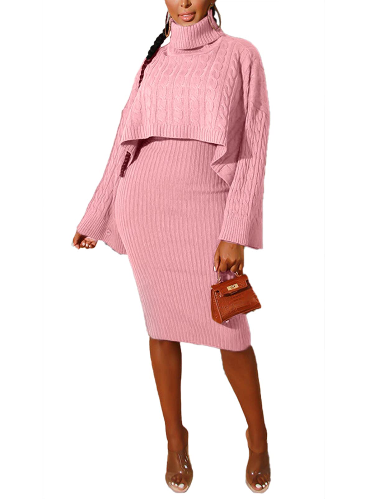 Women's Knitted 2-Piece Outfit Set - Long Sleeve Turtleneck Sweater & Bodycon Midi Dress for Fall Winter Fashion | Office Wear, Date Night, Holiday Party Outfits