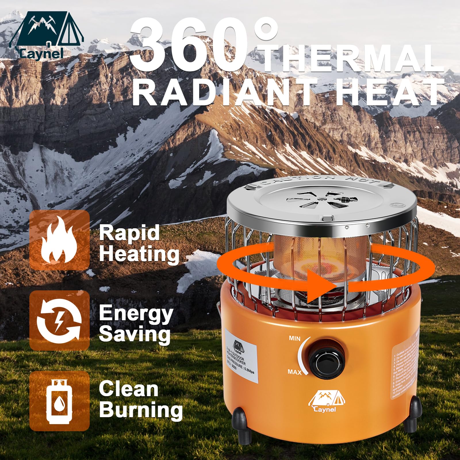 Caynel 2-in-1 Portable Propane Heater and Stove for Outdoor Camping, Hiking, Hunting & Survival | Dual-Purpose Gas Stove with Handheld Heater for Ice Fishing, Emergency Heating & Tent Warmth (Orange)