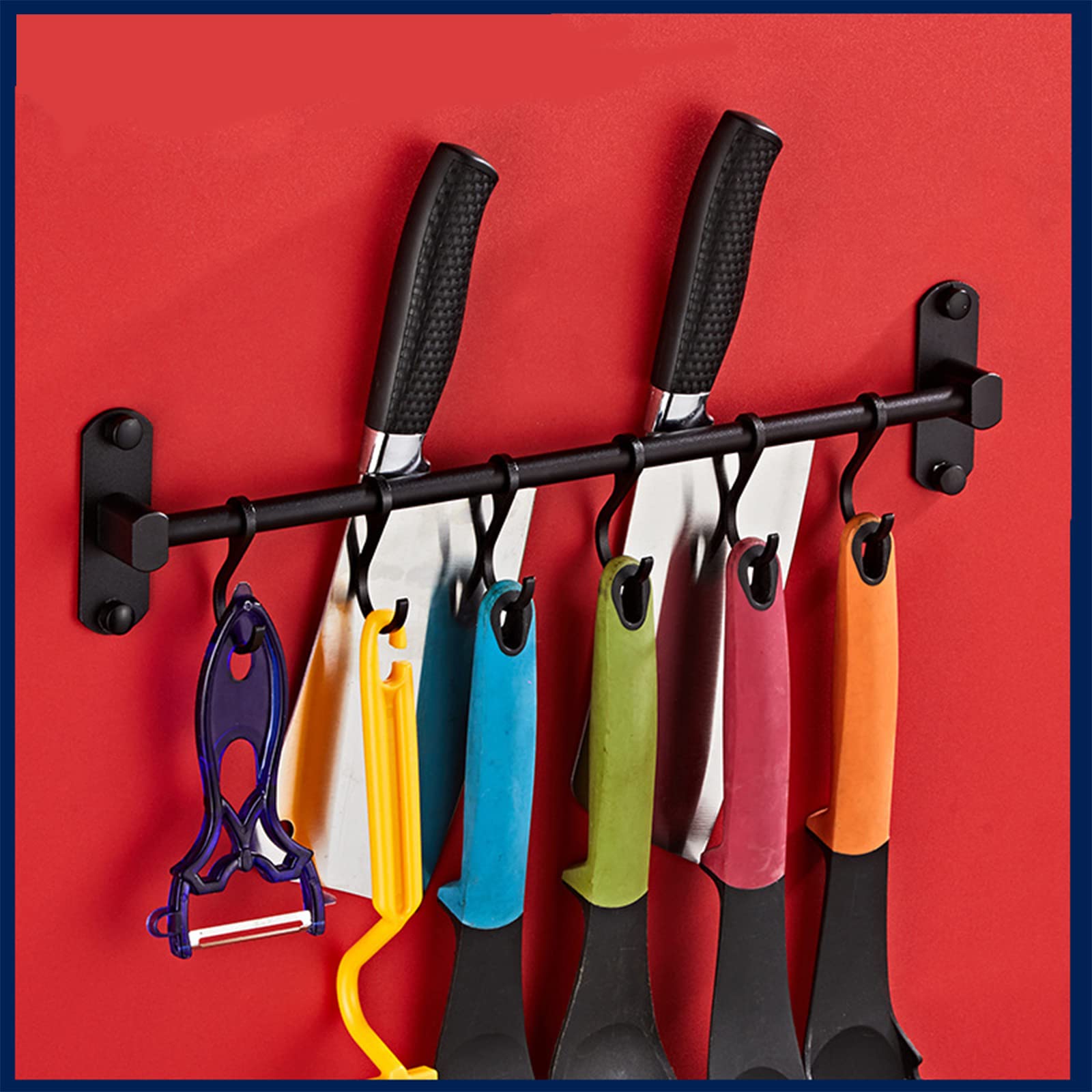 Wall Mount Kitchen Rail with 6 Sliding Hooks - Space Saving Utensil Rack for Pots, Pans & Cooking Tools - Black Organizer for Kitchen Storage (Perfect for Small Kitchens & Apartment Cooking)