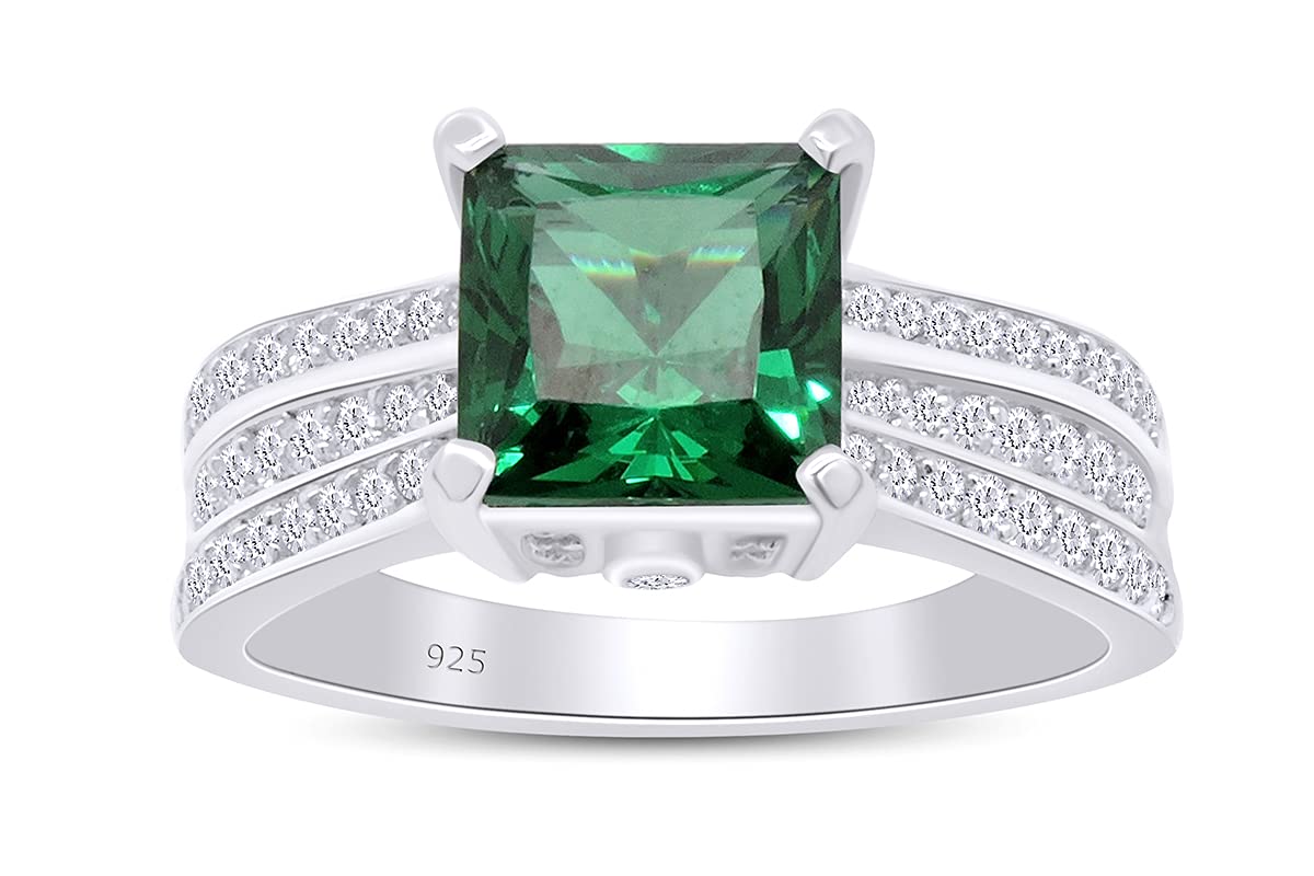 14K Gold Plated 925 Sterling Silver Simulated Emerald & Diamond Cluster Engagement Ring for Women - Perfect for Proposals, Anniversaries & Special Occasions