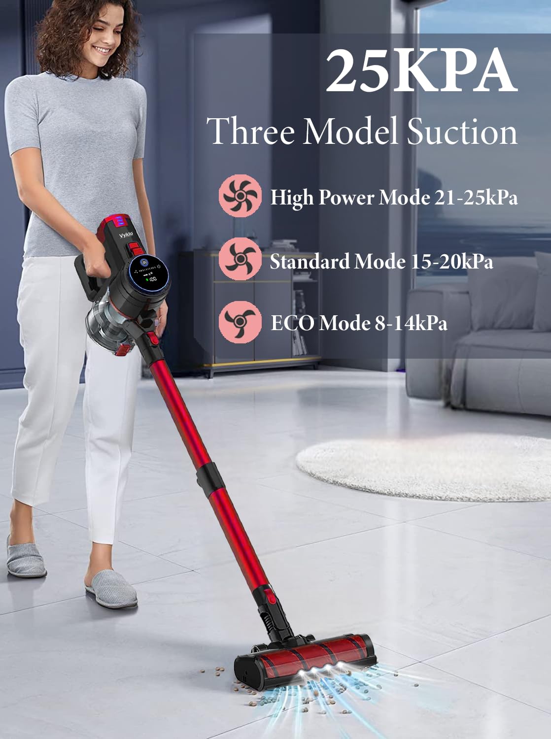 Powerful V8 Cordless Vacuum Cleaner with 55Mins Runtime - Lightweight Wireless Stick Vacuum for Hardwood Floors, Carpets, Cars & Pet Hair - Ideal for Home Cleaning (Red)