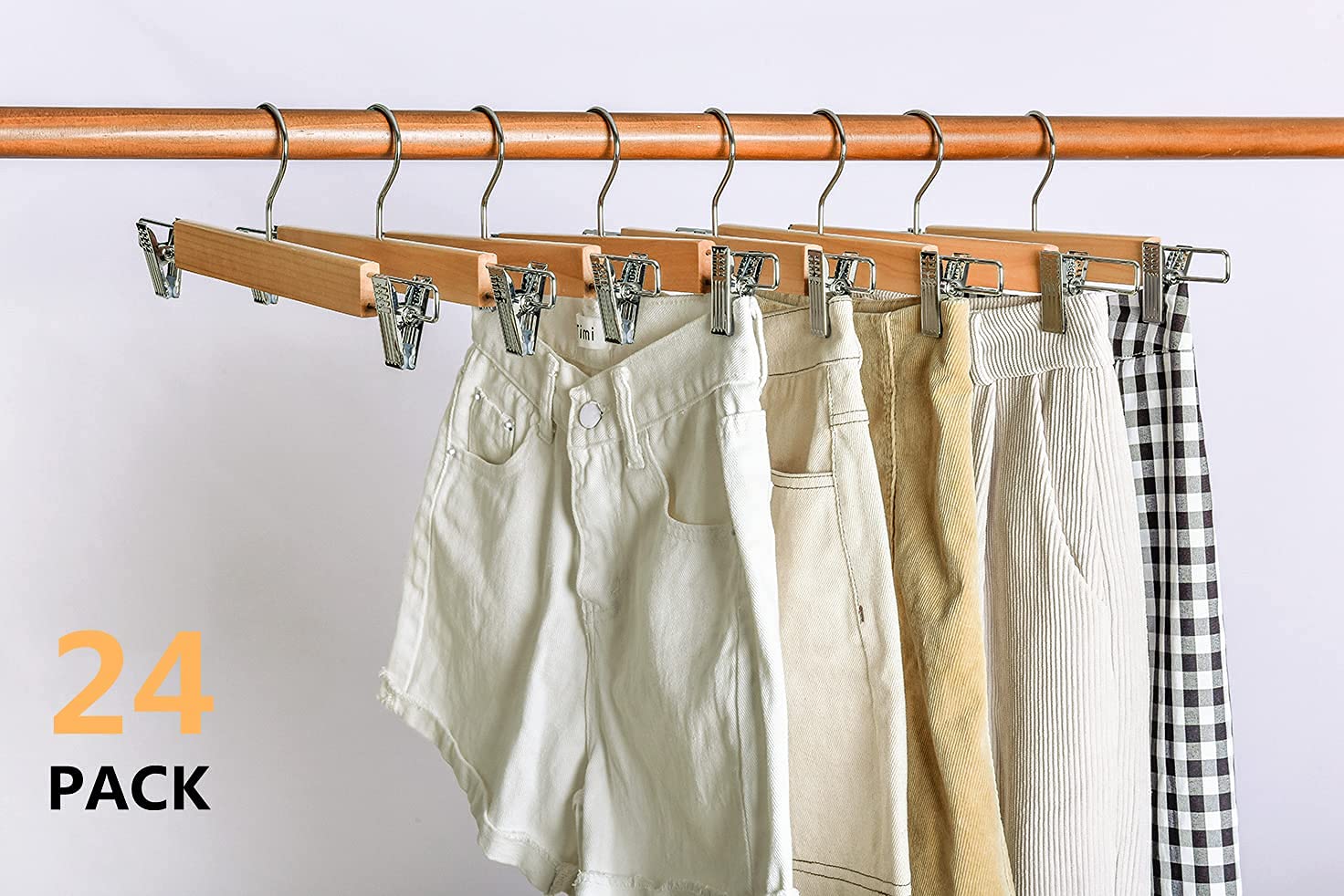 Amber Home 24 Pack Natural Wooden Pant Hangers with Adjustable Clips - 14.17