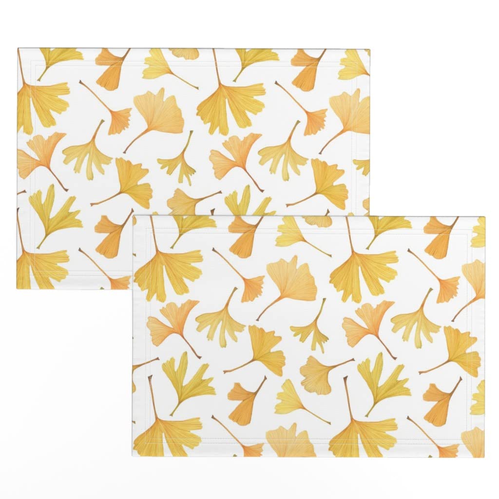 Premium Linen Cotton Canvas Placemats Set of 2 - Gingko Biloba Leaves Watercolor Design in Fall Golden Yellow | Autumn Table Decor for Dining, Kitchen & Holiday Gatherings