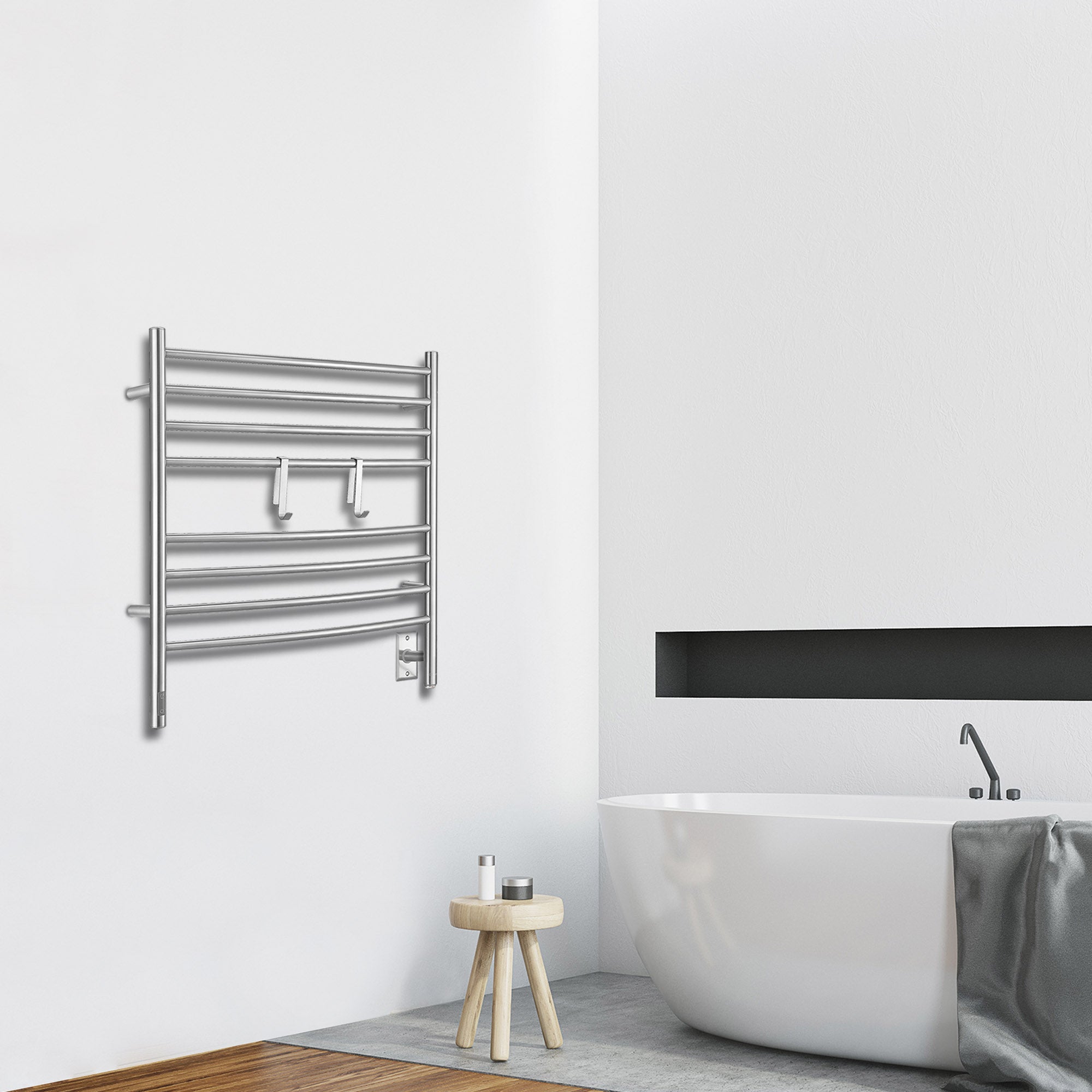 Arezzo OBT 8 Bar Hardwired & Plug-in Stainless Steel Towel Warmer with 2 Adjustable Hooks & Built-in Timer - Perfect for Bathrooms, Spas & Luxury Homes