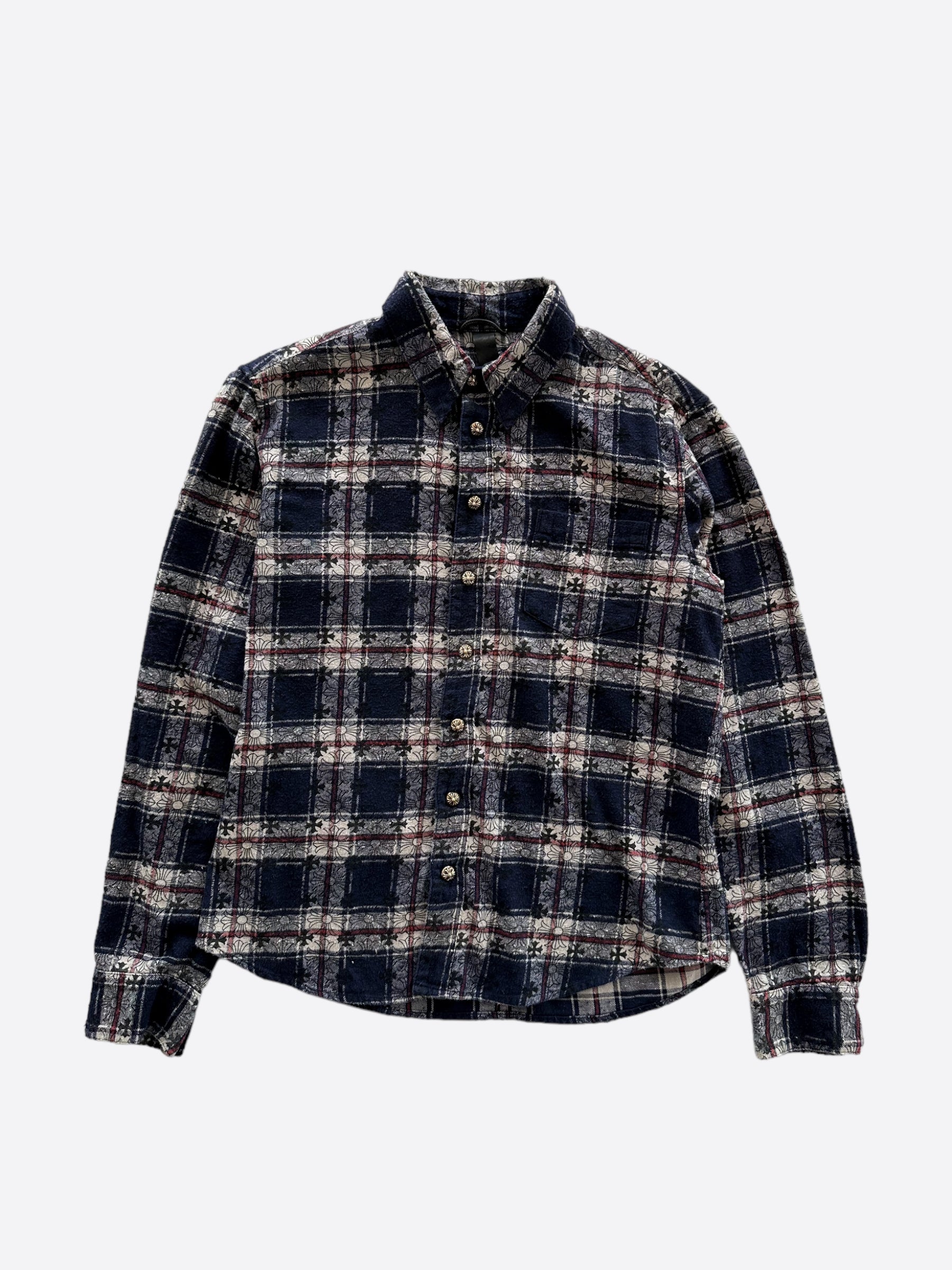 Chrome Hearts Blue Cross Patch Jacquard Button Up Shirt for Men | Stylish Gothic Fashion Shirt | Perfect for Casual Wear & Street Style Outfits
