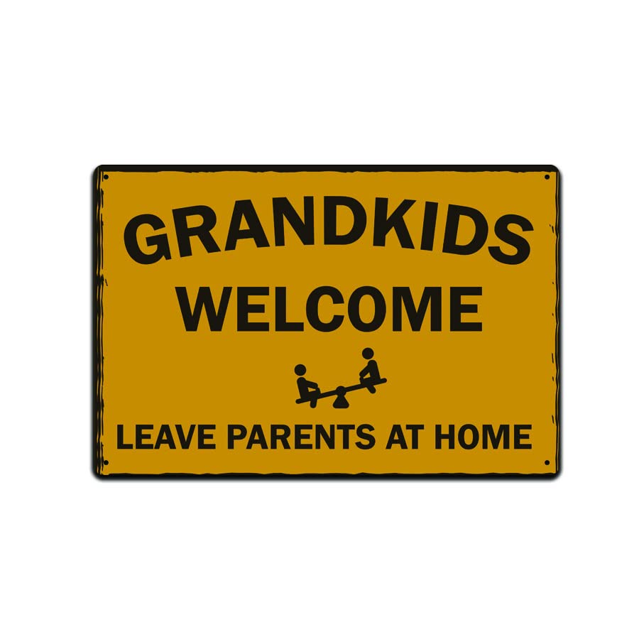 Vintage Tin Metal Sign 12x8 Inch - Grandma Home Decor with 'Grandkids Welcome Leave Parents at Home' Design | Perfect for Kitchen Wall Art, Retro Bar Signs & Outdoor Porch Decor