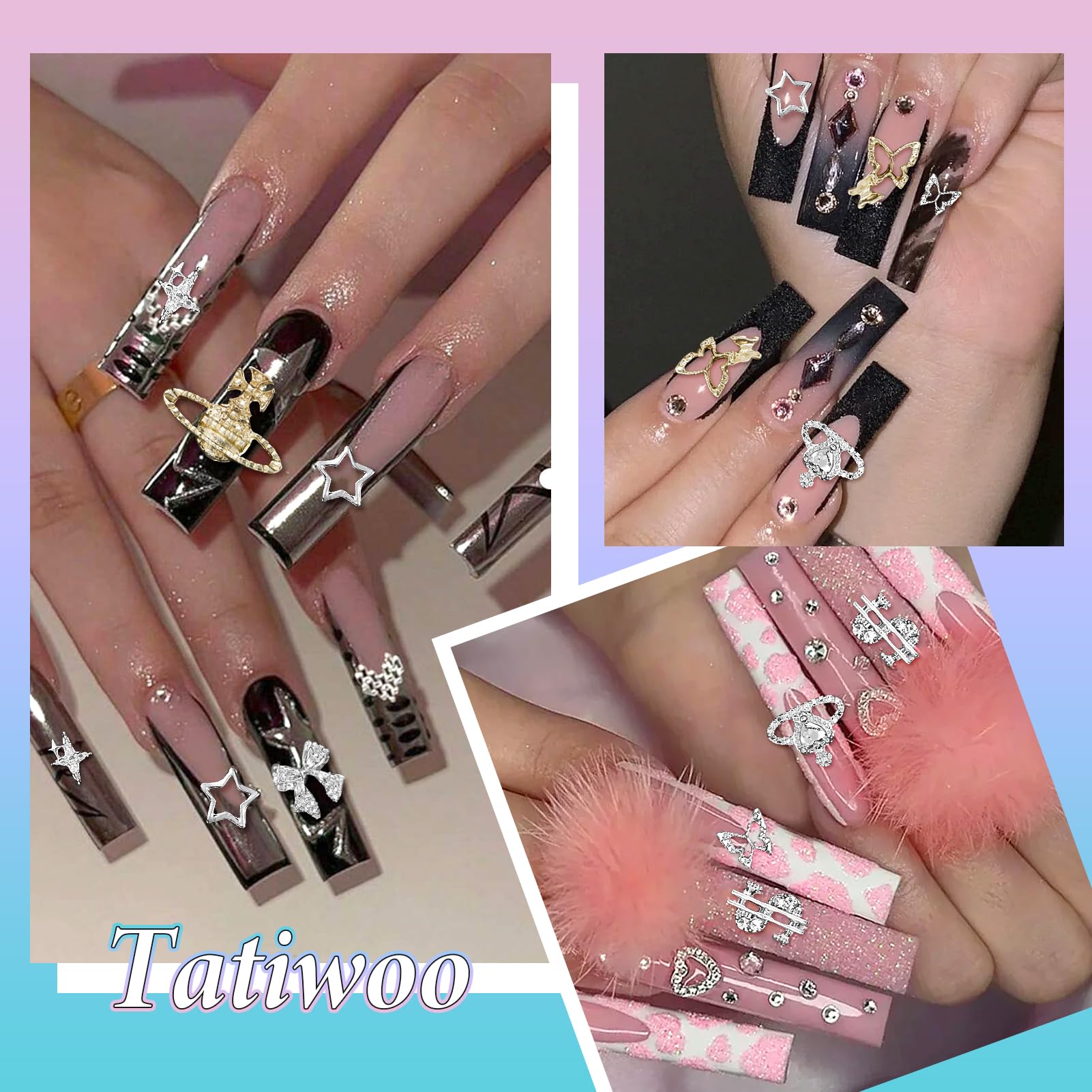 100 Pcs Gold & Silver Star Bow Nail Charms, 3D Crown & Dollar Nail Art Charms, Snake Alloy Nail Decorations for DIY Manicure - Perfect for Parties, Weddings, and Nail Art Enthusiasts