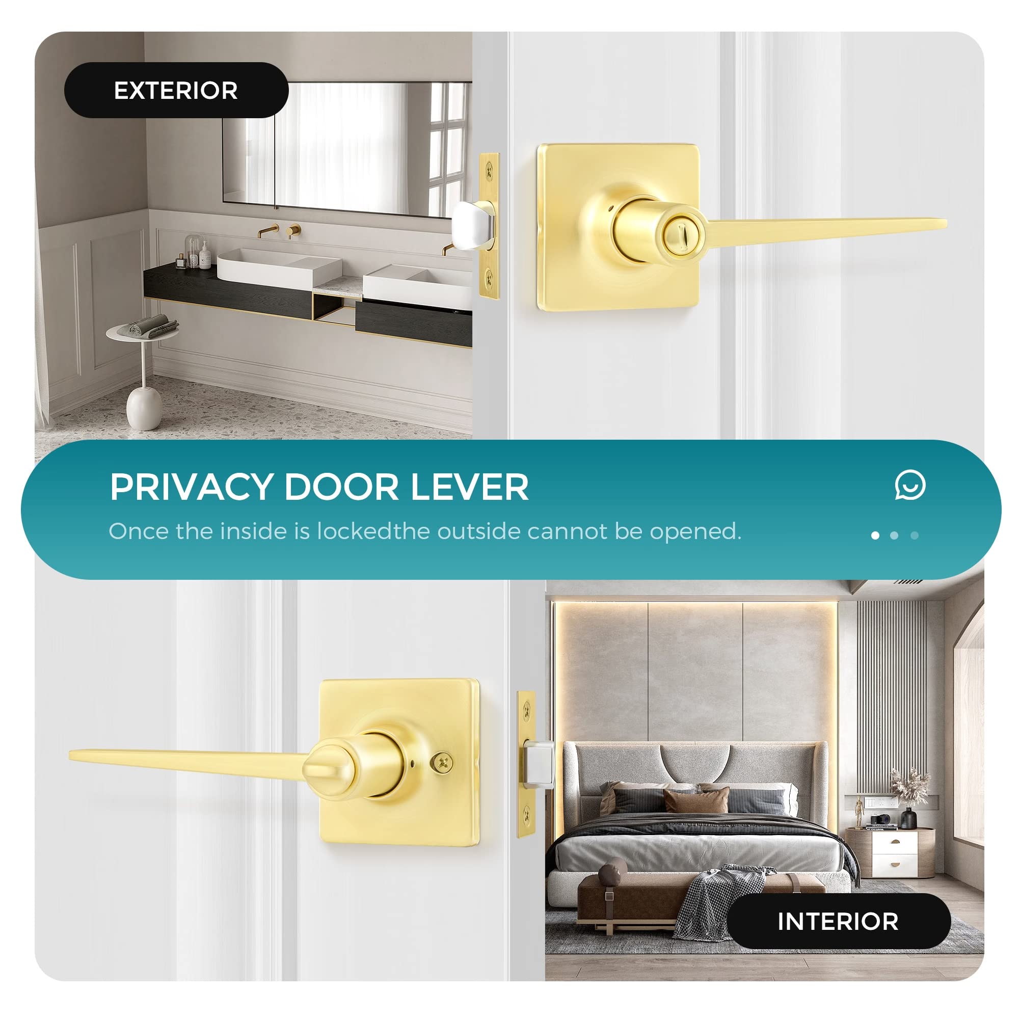 10-Pack Gold Square Privacy Door Handles - Reversible for Bedroom & Bathroom